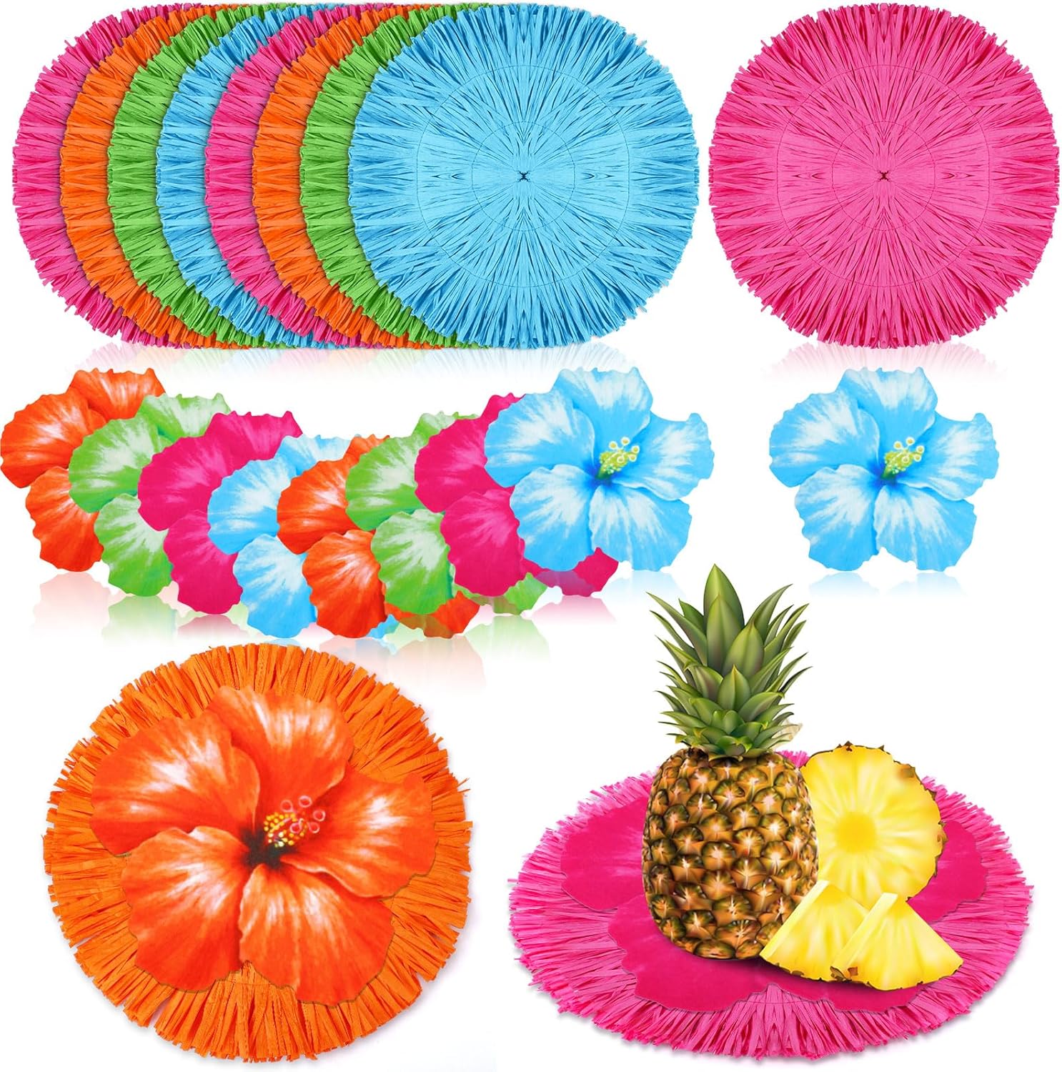 24 Pcs Luau Placemats and Flower Place Mat, Round Luau Fringe Place Mats Tropical Hibiscus Place Mats Bulk Summer Hawaiian Plate Table Placemats Tropical Party Supplies