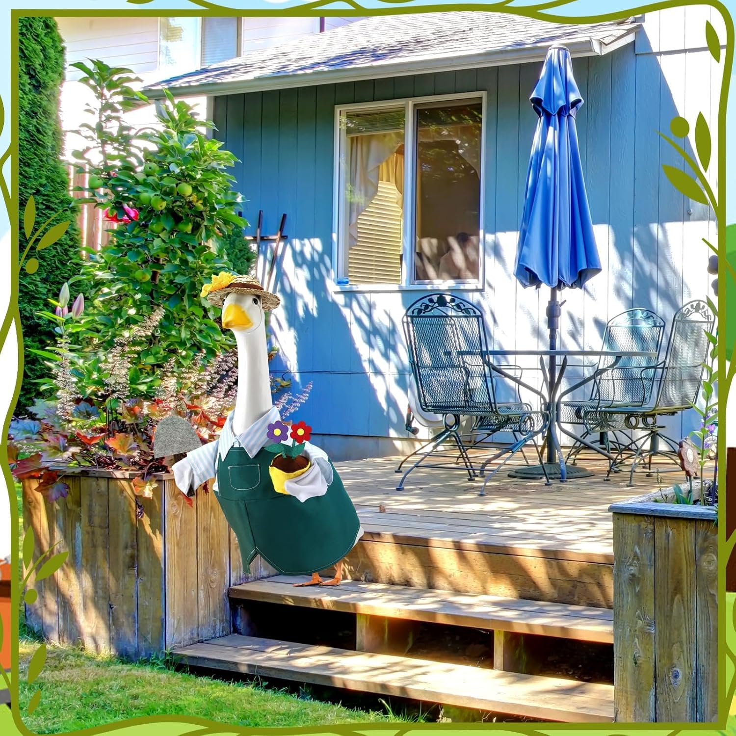 Gardener Porch Goose Outfits for 23 Inch Lawn Statue, Spring Gardener with Flower Pot and Shovel Costume for Plastic/Cement Statue, Summer Sculpture Clothes for Yard Patio Party Decoration