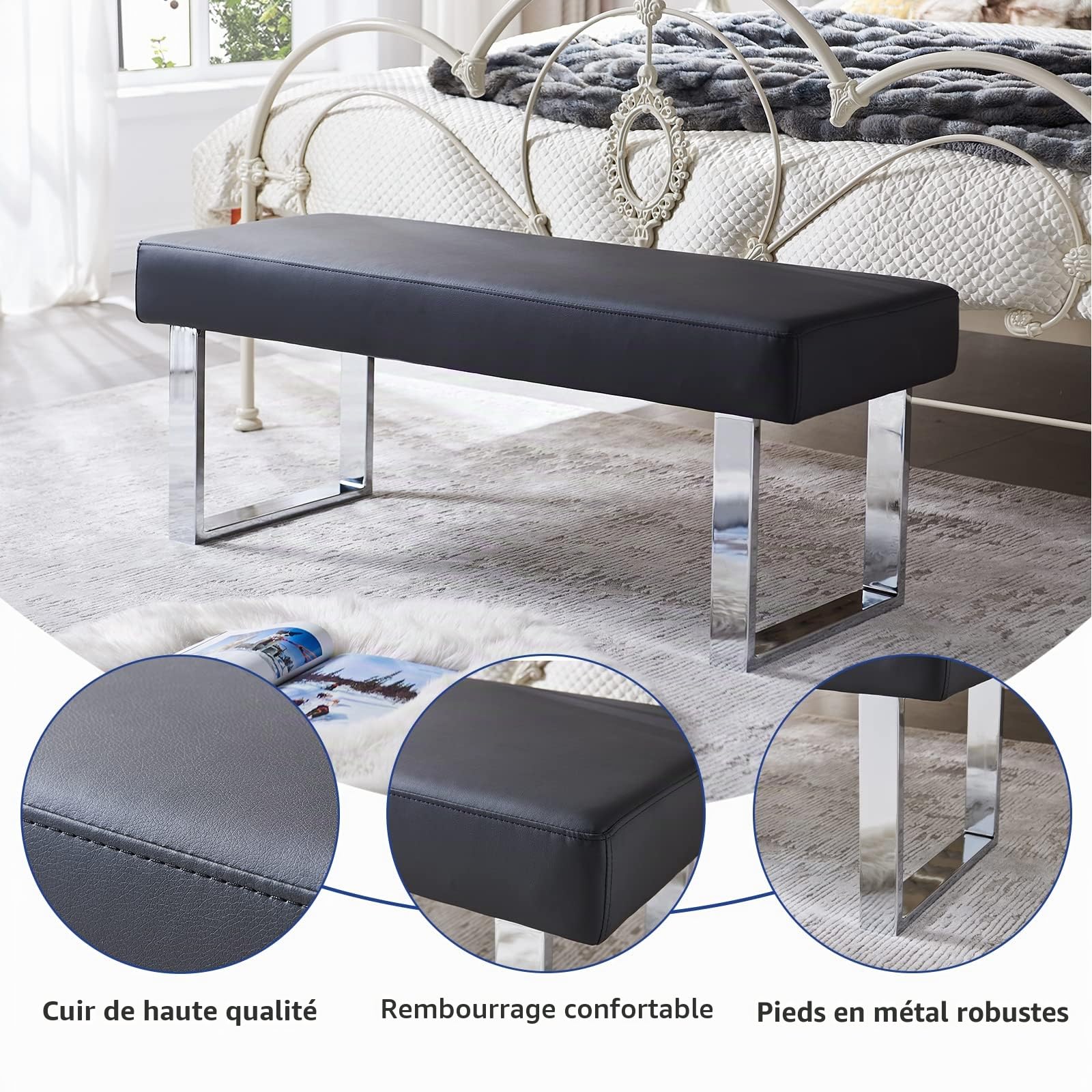 Banc de Salle à Manger Moderne avec Rembourrage, Banc de Chambre pour Coin intérieur avec Pieds en métal, Banc en Cuir synthétique pour entrée, Cuisine, Salon