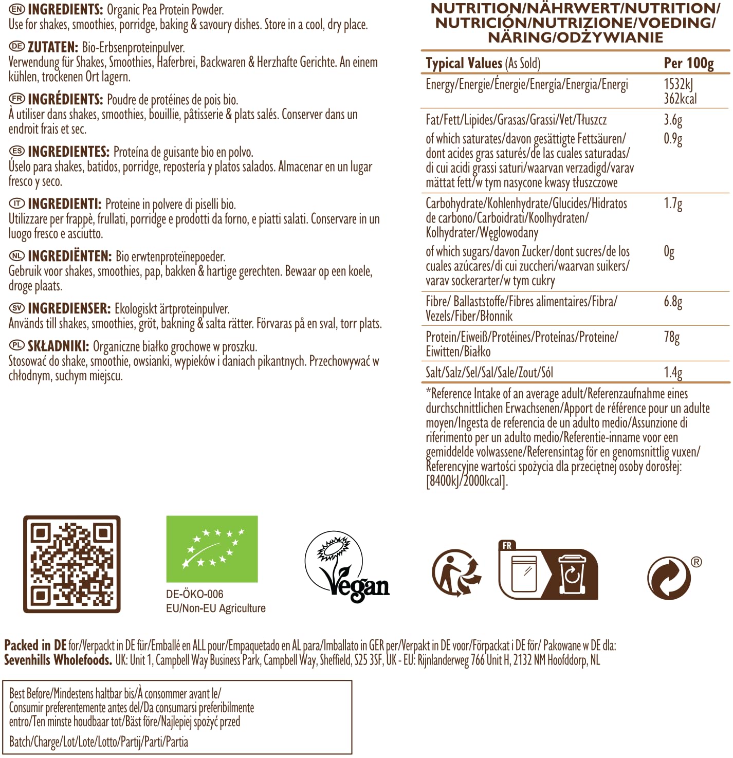 Sevenhills Wholefoods Polvere Di Pisello Proteico Bio 1kg - 84% di contenuto proteico