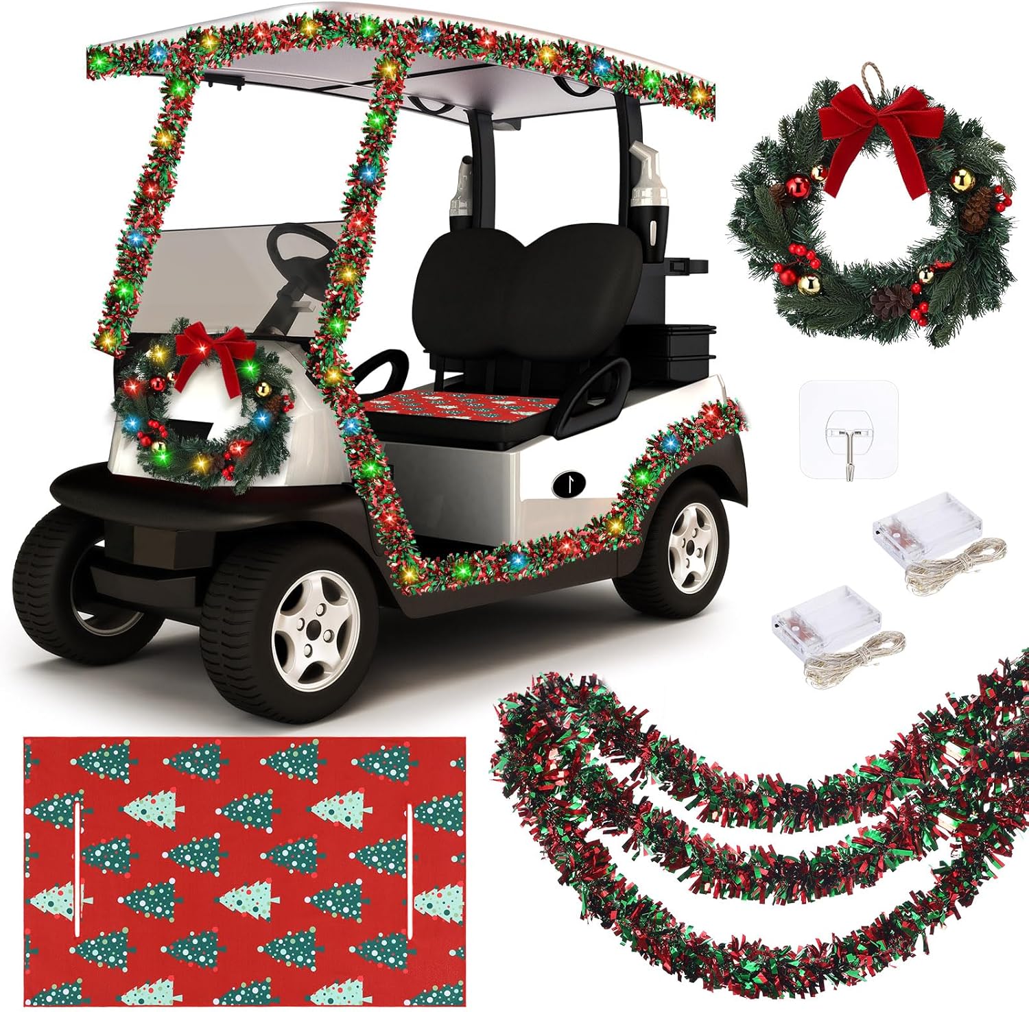 Suncalla 6 Pcs Christmas Golf Cart Decorations Christmas Golf Cart Seat Covers with Tinsel Garland, Xmas Wreath and LED Lights for Xmas Decorations Holiday Parade
