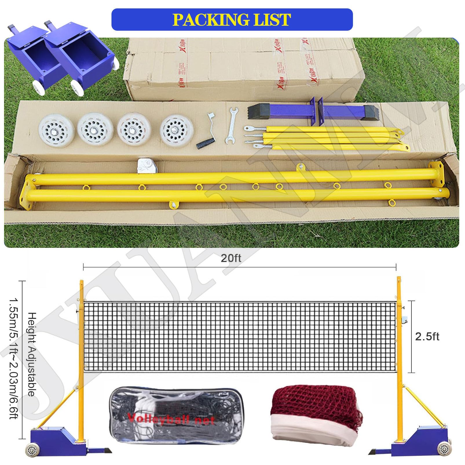 Poteaux de volley-ball pour jardin, avec filet de volley-ball/de badminton, poteaux de volley-ball robustes pour intérieur et extérieur, hauteurs réglables avec roues et 2 filets