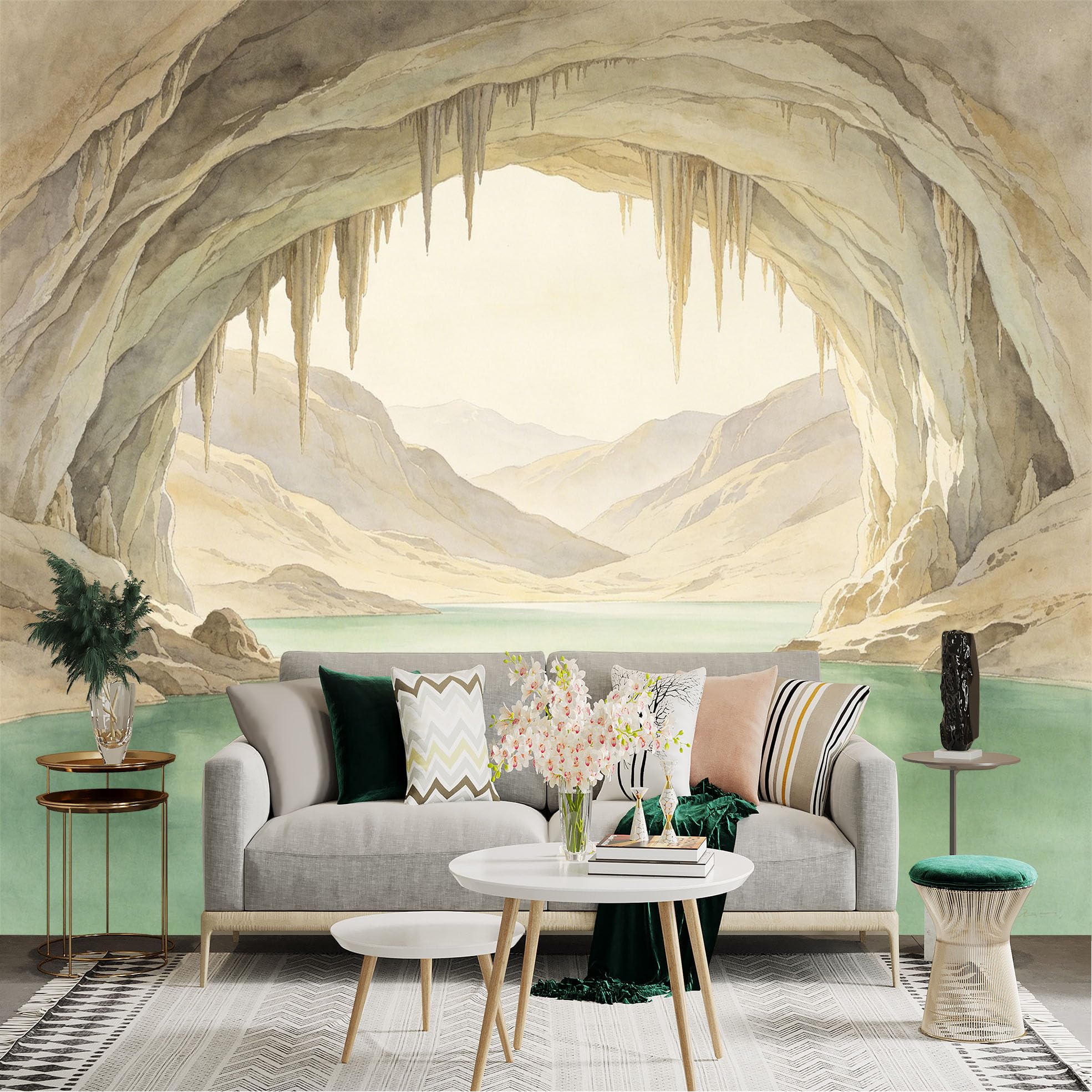 Lnzczhyre Dbh260521802 Custom Size Wall Sticker Mural， Limestone Cave With Stalactites， Scenic Underground Lake， Serene Mountain View， Natural Interior Art， For Wall Decoration， Peelandstick Wall Decals.