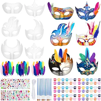 Elcoho DIY Paper Masks Kit, 12 Half-Face Masks with Feathers, Rhinestones, Paint, and Brushes