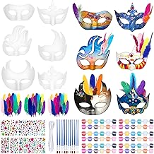 Elcoho 12 Pieces White Mardi Gras Paper Masks DIY Kit with 100 Feathers Gemstone Paint Paper Mache Art Mask for Crafting Half Face Masquerade Mask for Party Decorations Adult Costume Party Favors
