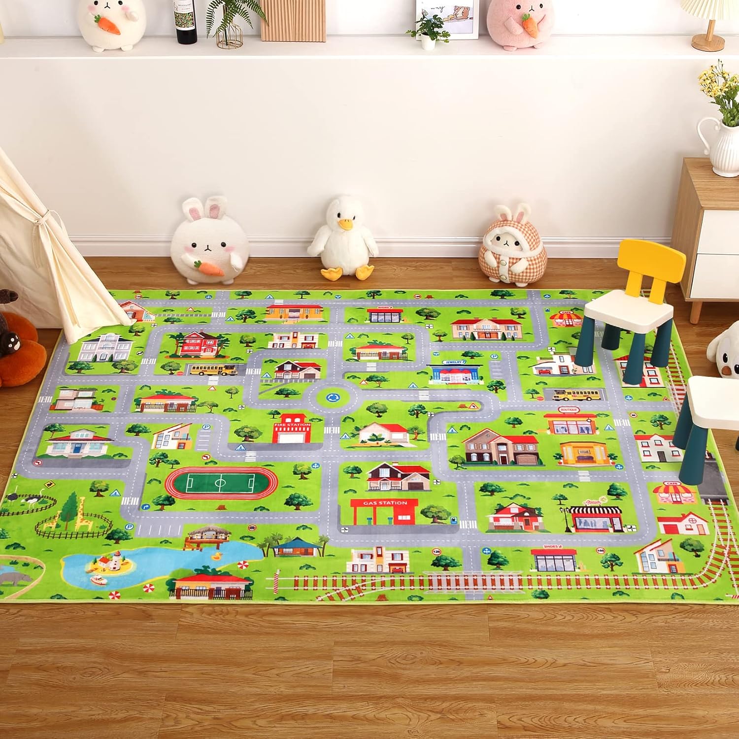 GlowSol Kids Playmat Large Area Rug 8x10 City Life Rug Road