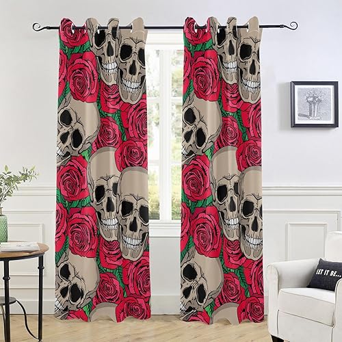 Cortinas opacas con diseño de rosas rojas de calaveras de 84 pulgadas de largo para dormitorio y sala de estar, cortinas opacas con aislamiento