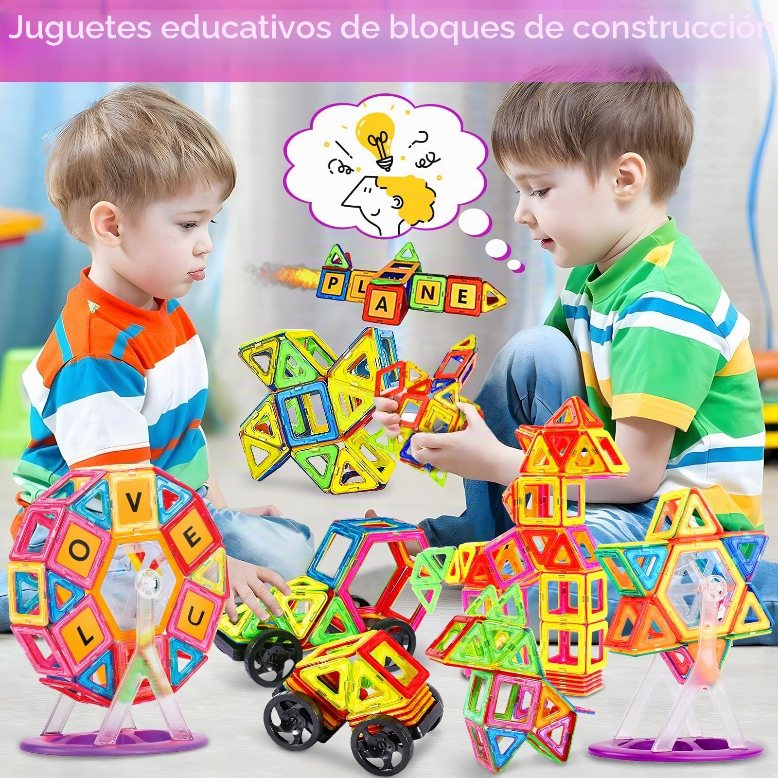 Purpledi 120 Piezas Bloques de Construcción Magnéticos, Construcciones Magnéticas Juguetes Niños Niñas 3 4 5 6 7 Años, Juegos Educativos Viaje Juego de Imanes magneticas para Montessori Regalos