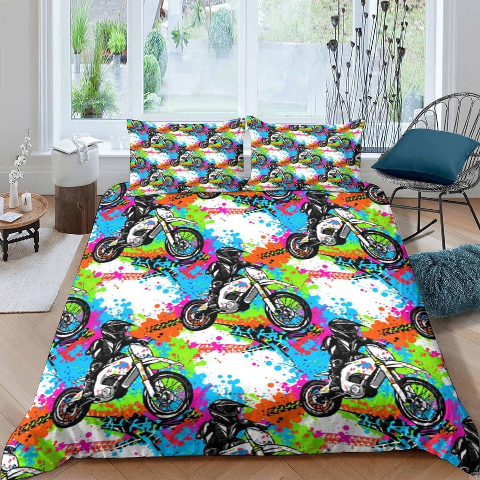 GPLZQXKJNH 3D Printed Colorful Motocross Duvet Cover Microfiber Soft Breathable Graffiti Motorcycle Bedding Set with 2 Pillowcases for Bedroom Decor Single（135x200cm）