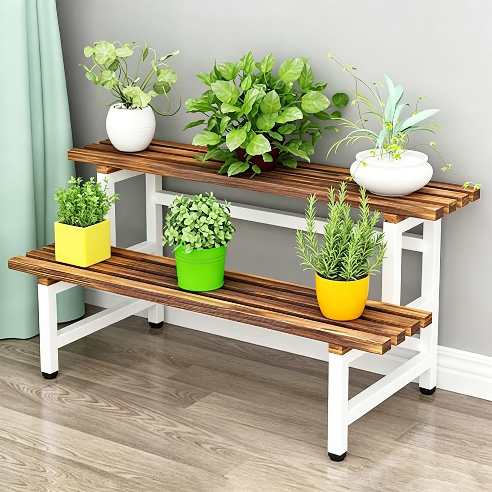 ATRBNCX 2 Tier Ladder Plant Stand Indoor, Wood & Metal Flower Pot Organizer, Space-Saving Corner Shelf Rack For Multiple Plants, Balcony & Living Room(Size:120cm/47in,Color:White)