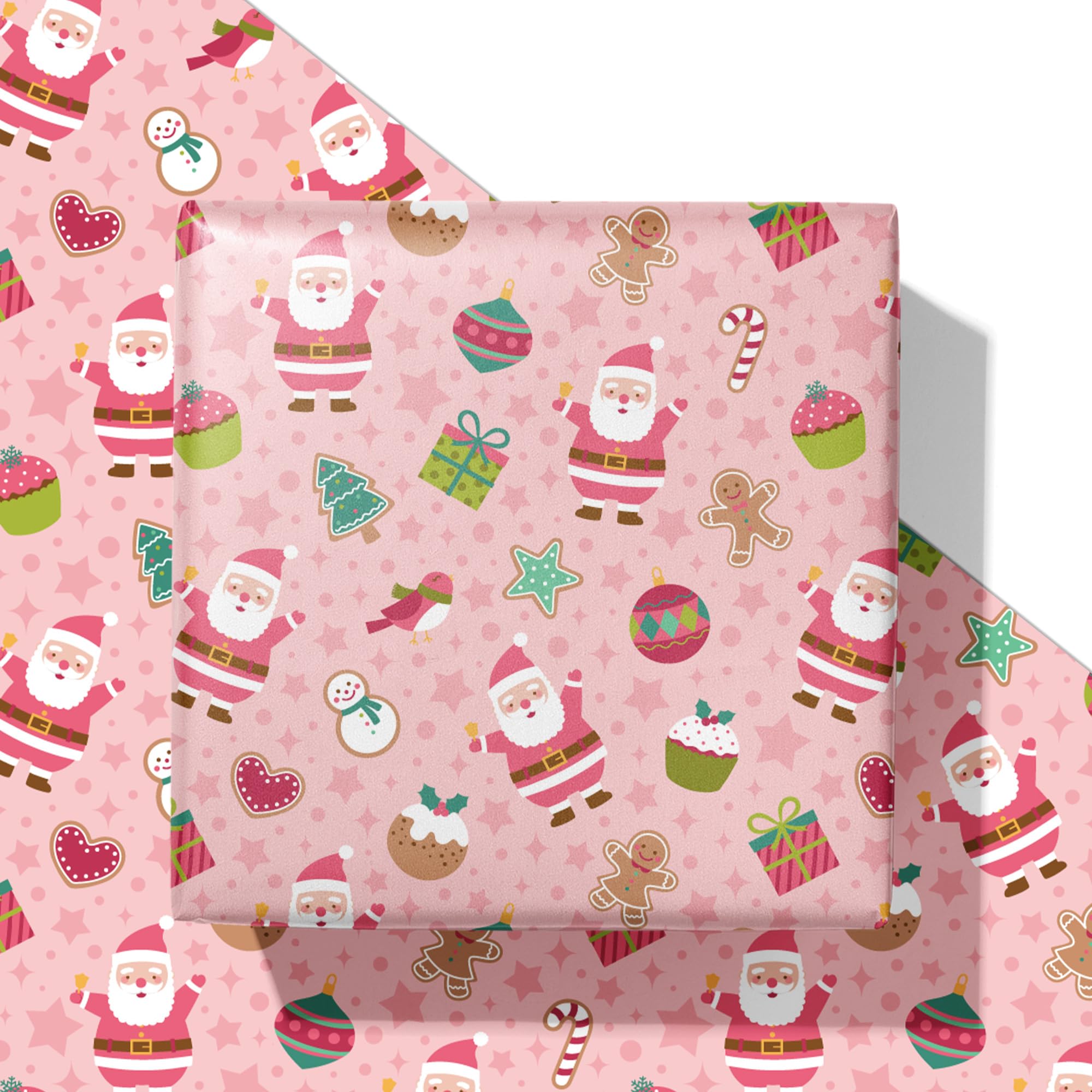 SaringSwoon Pink Christmas Santa Wrapping Paper - Xmas Gift Wrap with Santa Claus, Christmas Tree, Snowmen, Candy Canes, and Treats Design for Kids