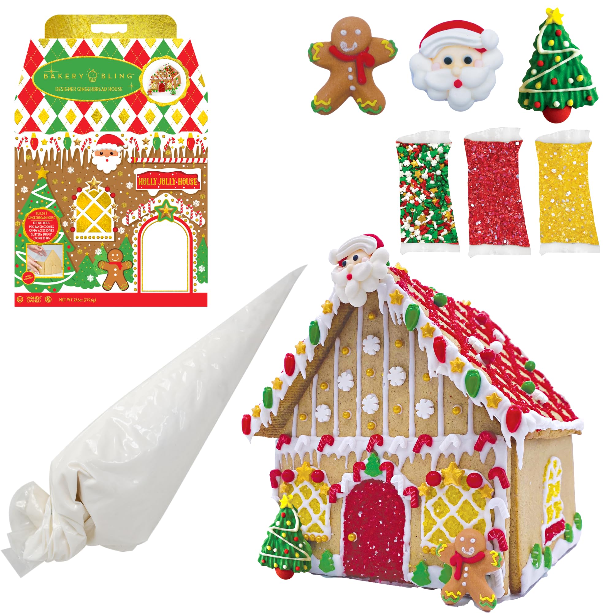 Holly Jolly Designer Insta-House Gingerbread Cookie House Decorating Kit for Christmas and Holidays with Pre-Baked Gingerbread House Cookies, Royal Icing, Sprinkles, Candies, Edible Decorations and Thermoform Mold for Easy Assembly