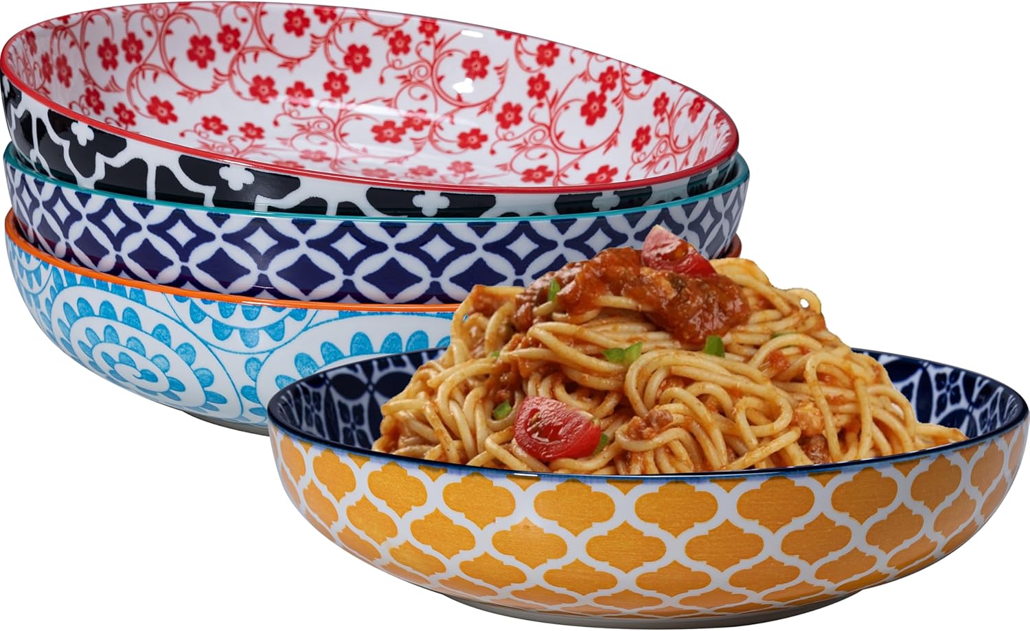 LEHAHA Porcelain Pasta Bowls, 32oz Ceramic Dinneware Dinner Bowls Set of 4, Large Colorful Wide and Shallow Salad Serving Bowls for Kitchen, Dishwasher & Microwave Safe, Multicolor