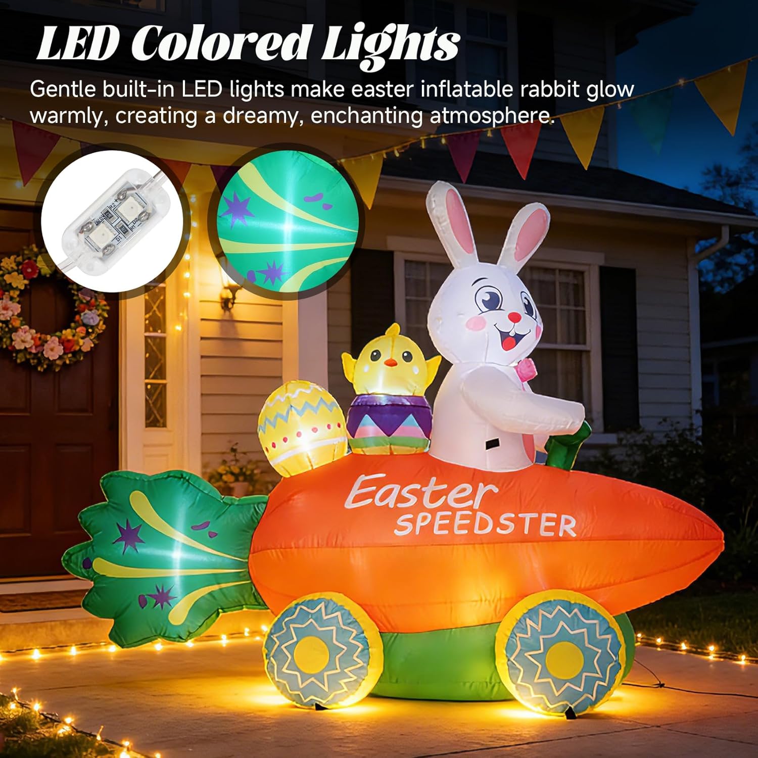 Easter Inflatable Bunny with Carrot Car and Easter Eggs, 6FT Easter Inflatables Outdoor Decorations with LED Colored Lights, Inflatable Easter Yard Decorations for Lawns and Patios