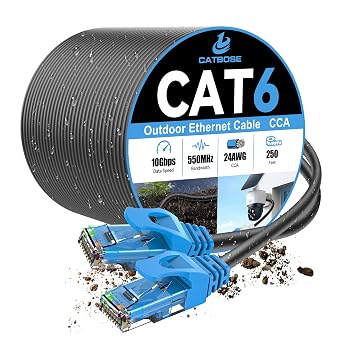 250FT Outdoor Cat6 Ethernet Cable, Heavy Duty Direct Burial, In-Ground, POE, Waterproof, LLDPE UV Resistant, UTP, 24AWG CCA Solid Cord, Network, Internet, LAN, Cat 6 Patch Cable - 250 Feet