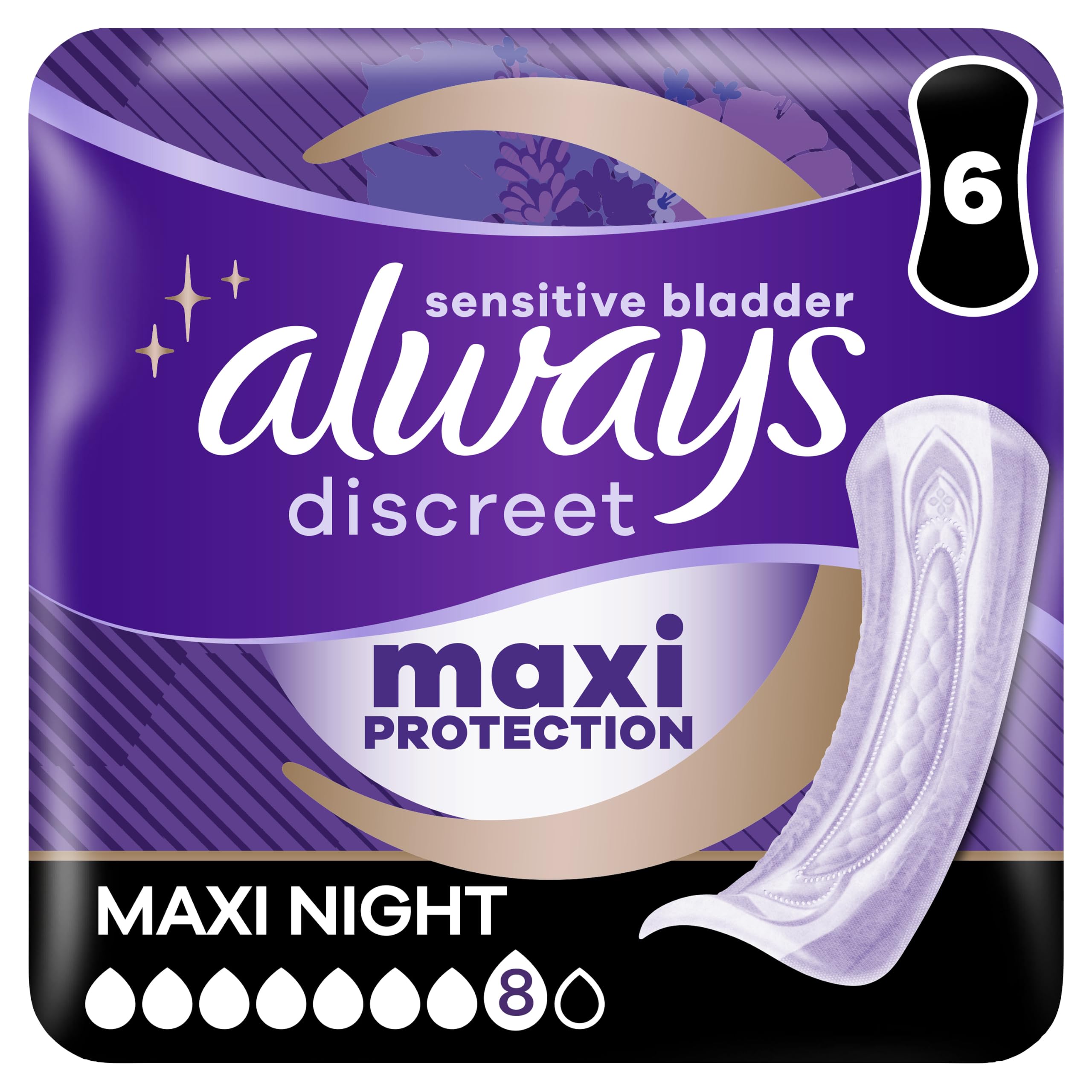 Always Discreet Maxi Night Incontinence Pads Women, Absorbency 8, 6 Pads, Extra Secure Bladder Weakness Pads for Sensitive Bladder, Odour Lock