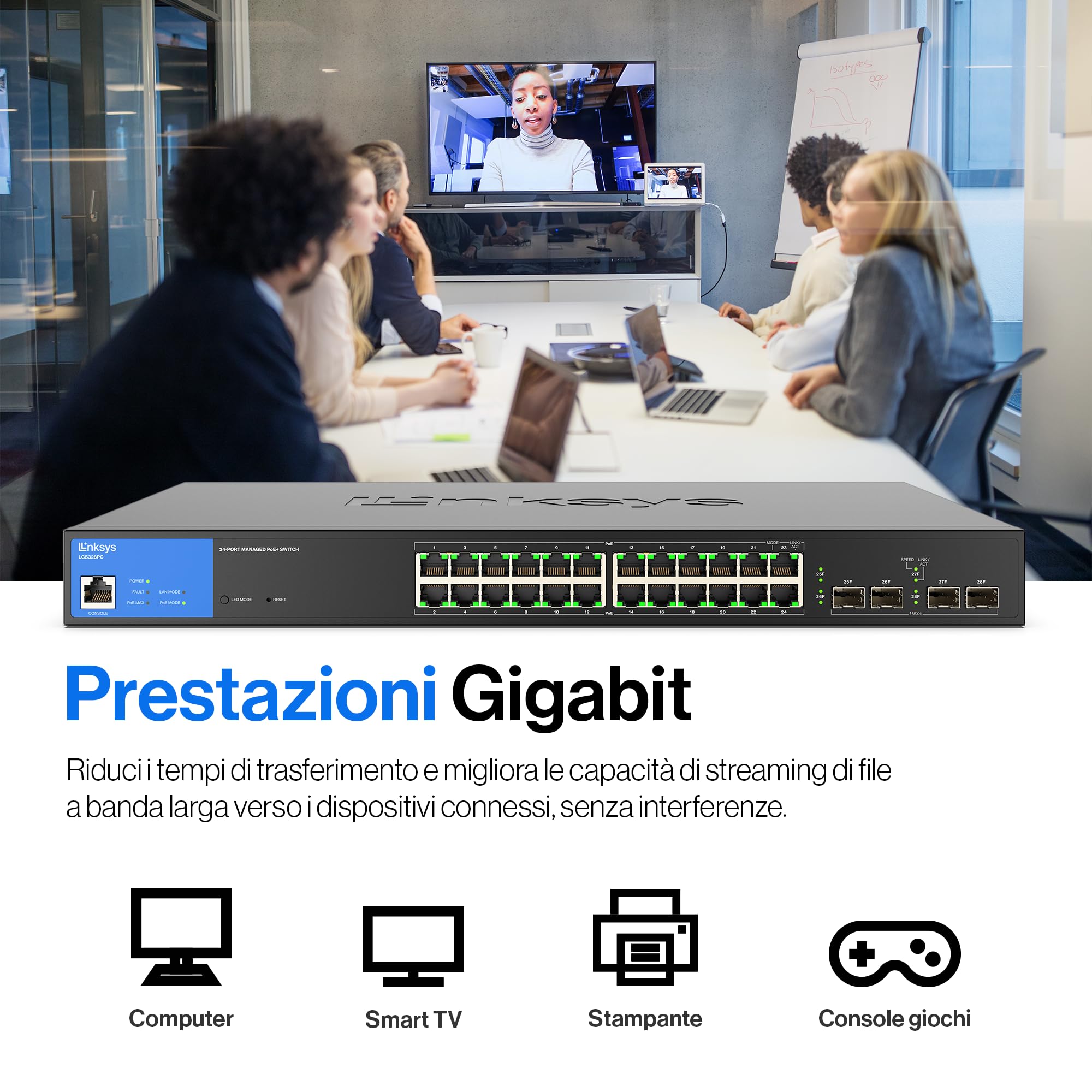 Linksys Switch Gigabit PoE+ Gestito a 24 Porte con 4 Porte 1GE SFP di Uplink, 250 W, Nero