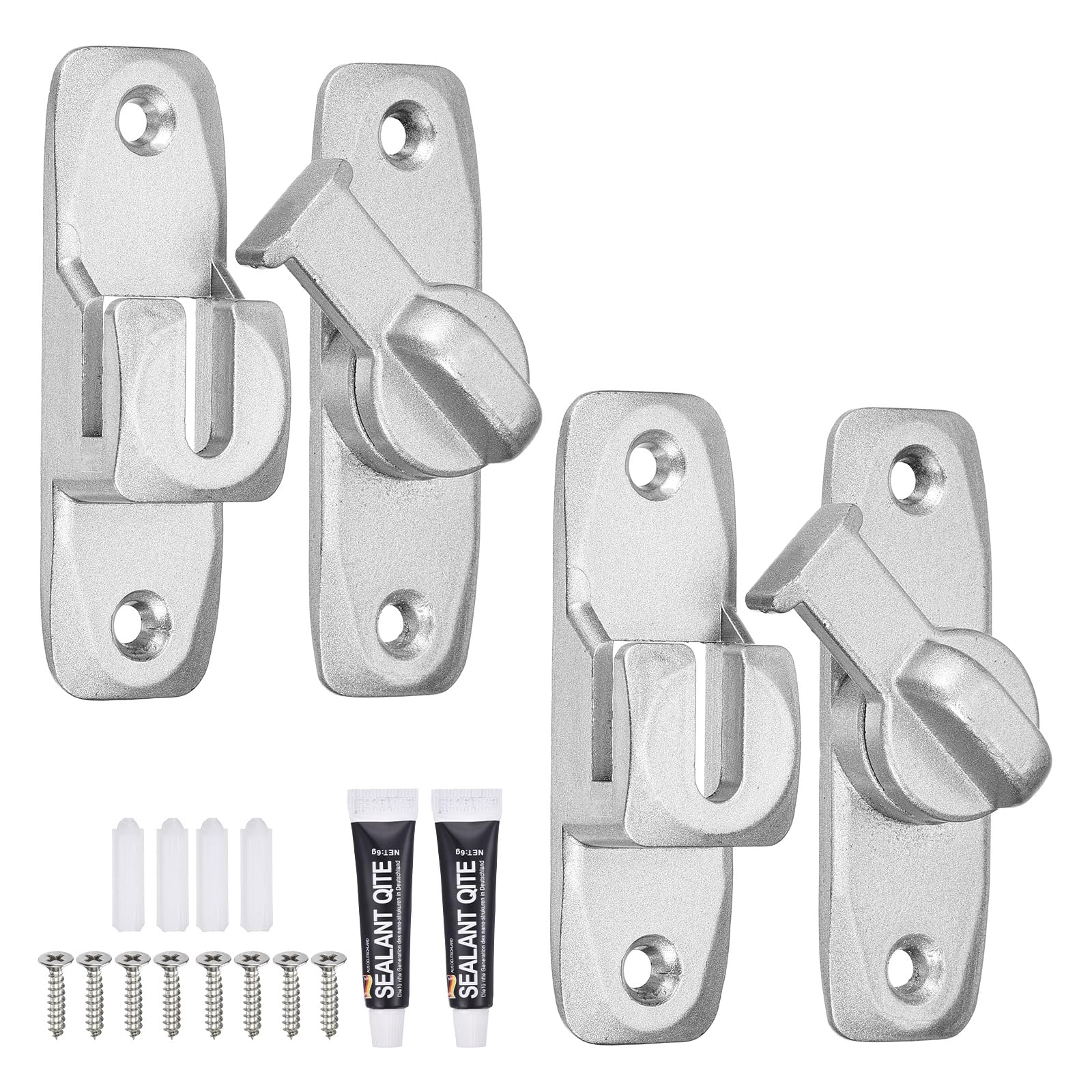 sourcing map 2Pcs Barn Door Lock, 90/180 Degree Flip Barn Door Lock Aluminium Alloy Sliding Security Latch with Screws & Nail-Free Adhesive for Garden Bathroom Garage, Silver