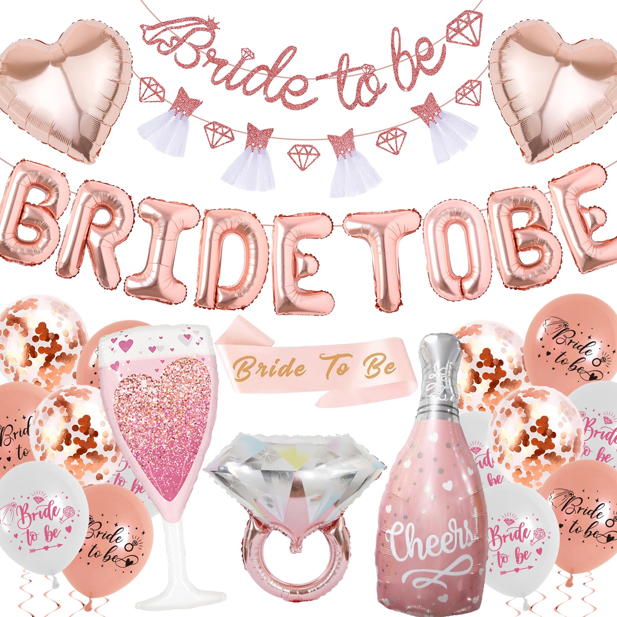 Hen Party Balloons Decorations Set, 49 Pieces Wedding Decoration Rose Gold Bride to Be Banner Sash