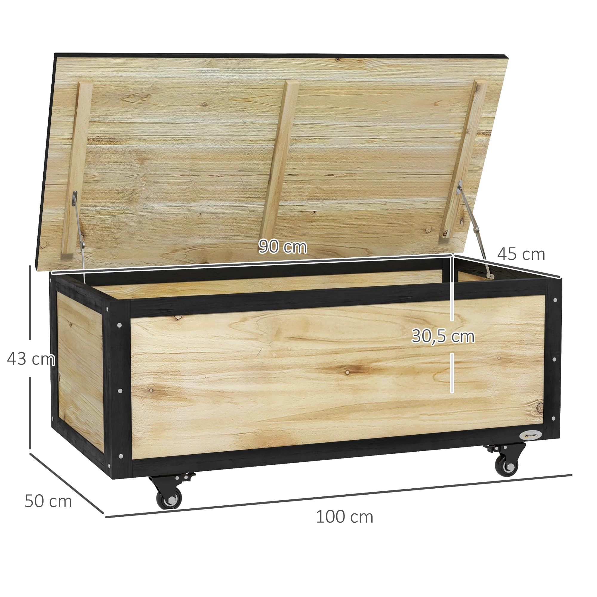 Outsunny Gartenbox 121L Auflagenbox mit Rollen Wetterbeständige Natur | Holz Aufbewahrungsbox, Aufbewahrungskiste, für Terrasse, Balkon
