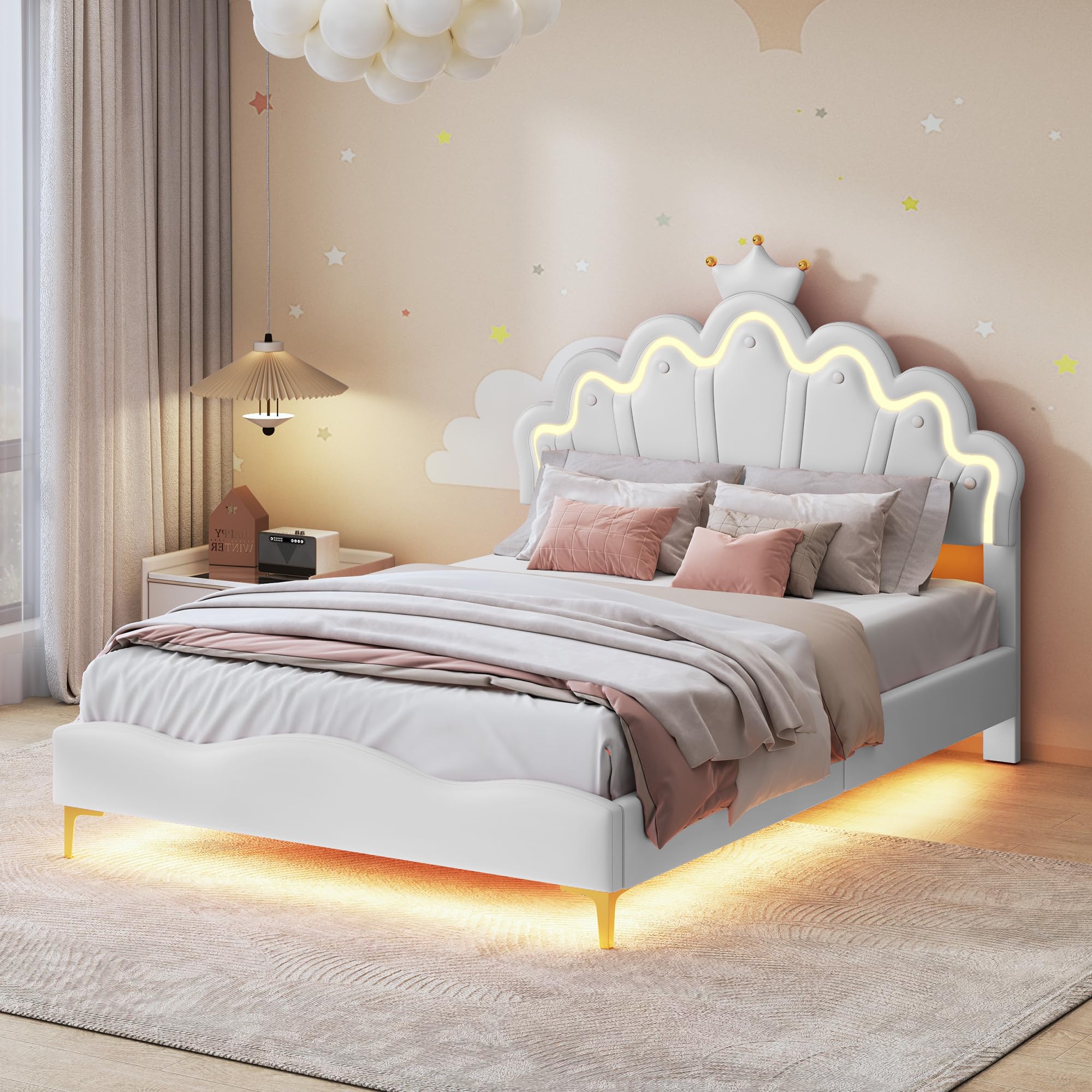 PerGar Lit de princesse pour fille - Avec barre lumineuse LED - Coussin en cuir synthétique souple - Lit de princesse avec hauteur de tête de lit réglable (blanc, 140 x 200 cm)