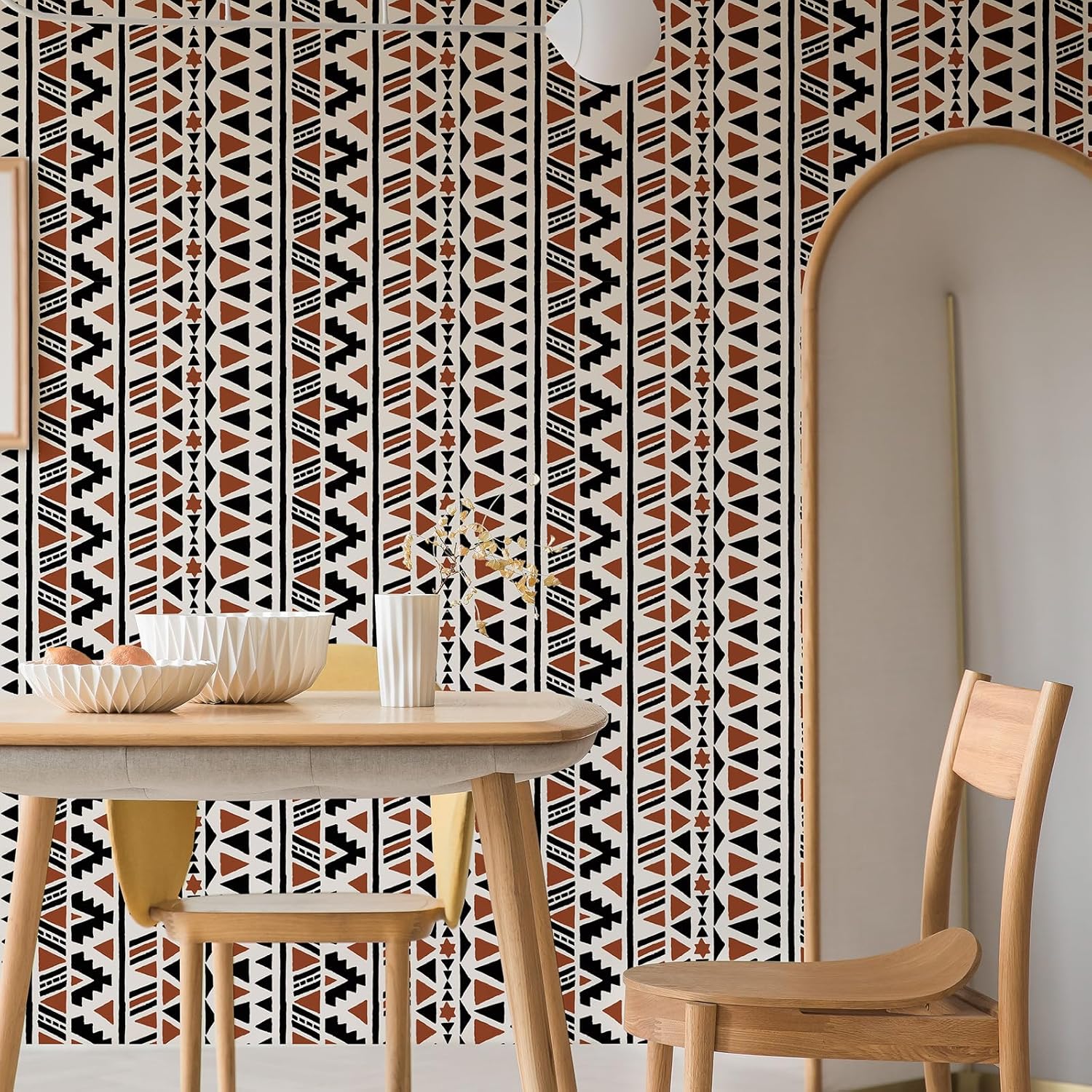 wishFIRE Black and Brown Geometric Boho Peel and Stick Wallpaper 17.3"×240" Tribal Style Contact Paper Removable Waterproof Self-Adhesive Vinyl Film Wallpaper for Bedroom Kitchen