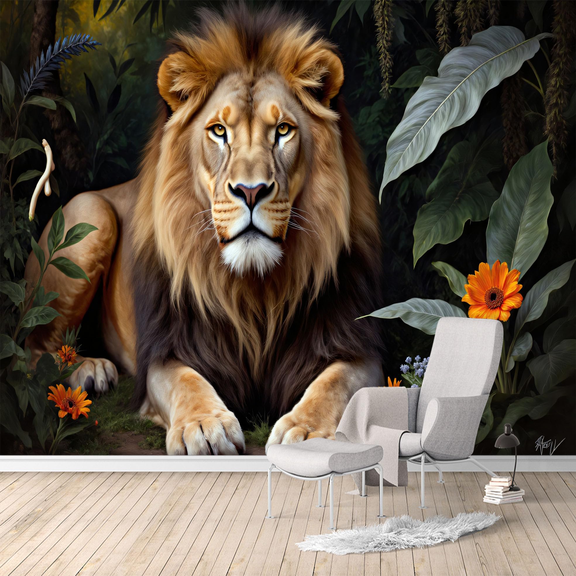 Custom Size Wall Murals,Majestic Lion Jungle Wildlife Floral Artwork,SelfAdhesive Water Activated Removable Wall Covering,Large Photo Wallpaper for Living Room Bedroom Office