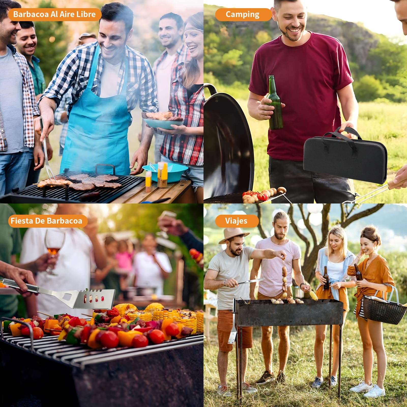 11Pcs Juego de Utensilios de Barbacoa Profesionales de Acero Inoxidable - Kit Práctico Con Bolsa Portátil - Herramientas Para Parrilla y Camping Picnic Exterior