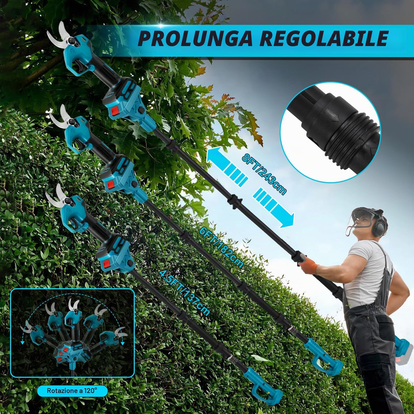 Troncarami a batteria compatibile con Makita 18 V, cesoie elettriche 2 in 1 con asta di prolunga da 2 m, diametro di taglio massimo 30 mm, display LCD, cesoie telescopiche estensibili fino a 4,5 m