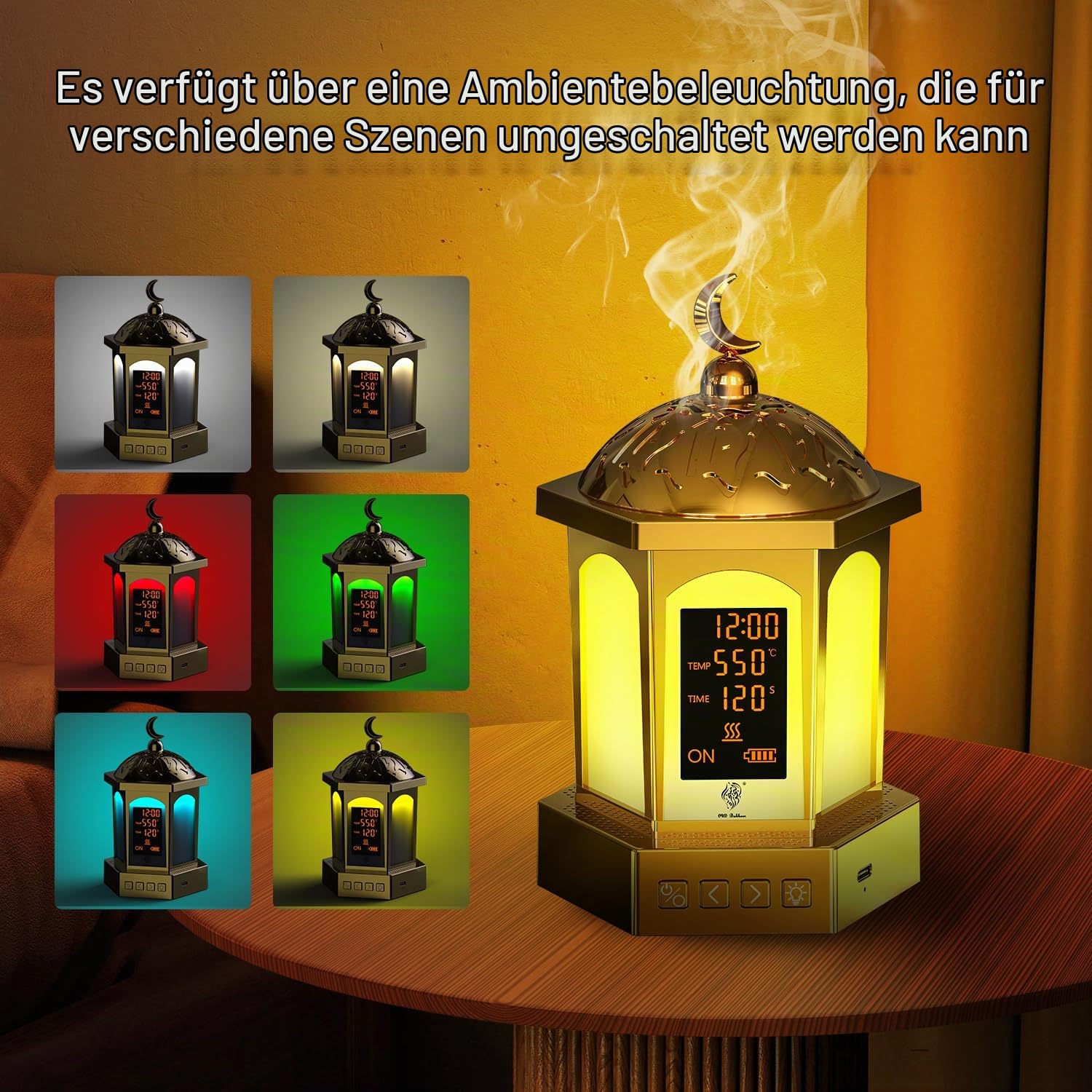 langanhaltender Bakhoor Brenner elektrischer Aroma Diffuser, USB Wiederaufladbar arabischer Räucherstövchen mit LED Display & 3 Temperatureinstellungen (500°C/120s - 300°C/300s)