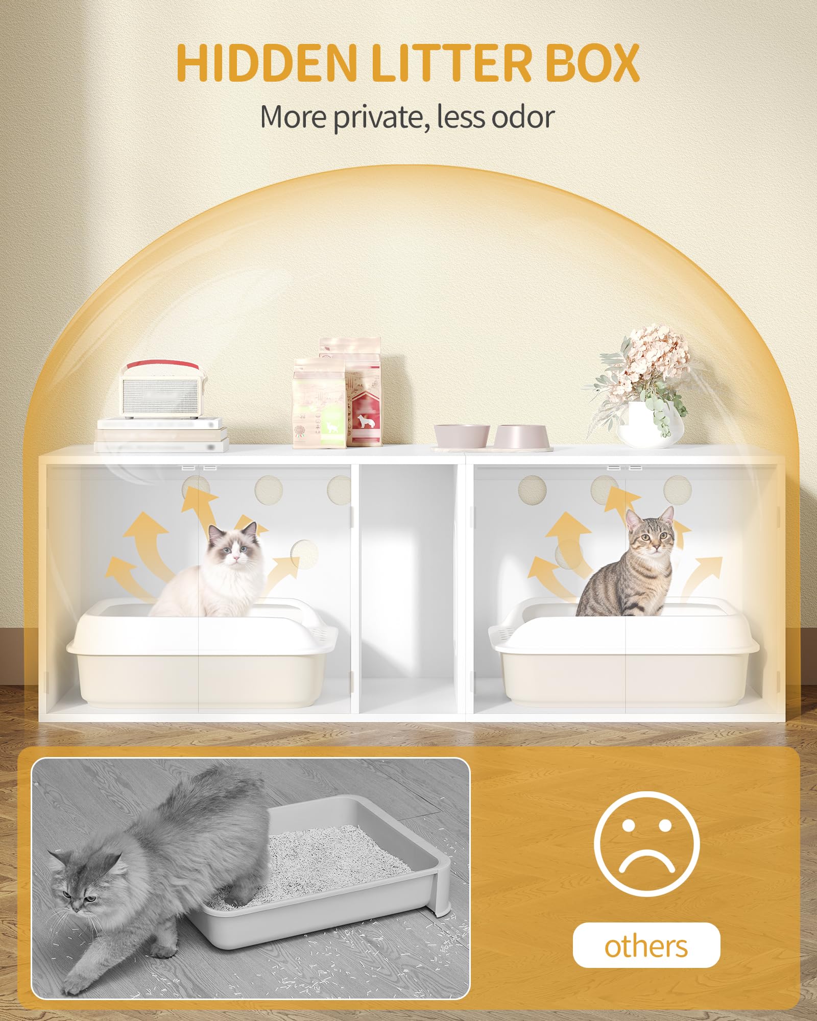 Hzuaneri Mueble para Arena de Gato Oculto, Casa para Dos Gatos de Dos Pisos, Arenero y Caseta de Madera Multifuncional Sirve como Soporte TV, 140x48.3x48 cm, Blanco, CB65603X