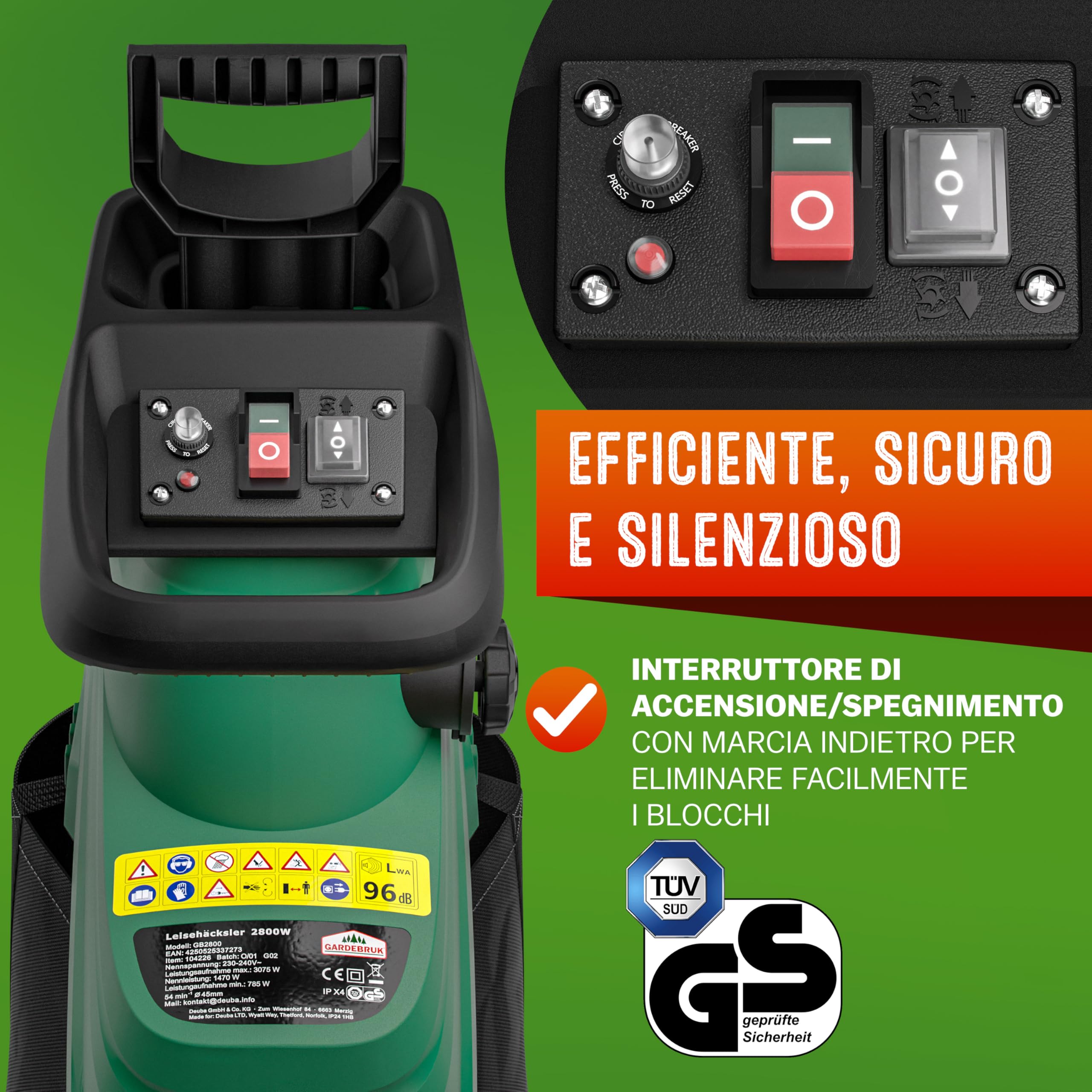 GARDEBRUK Trituratore Elettrico Silenzioso a Rullo 3100W Biotrituratore 2x60L