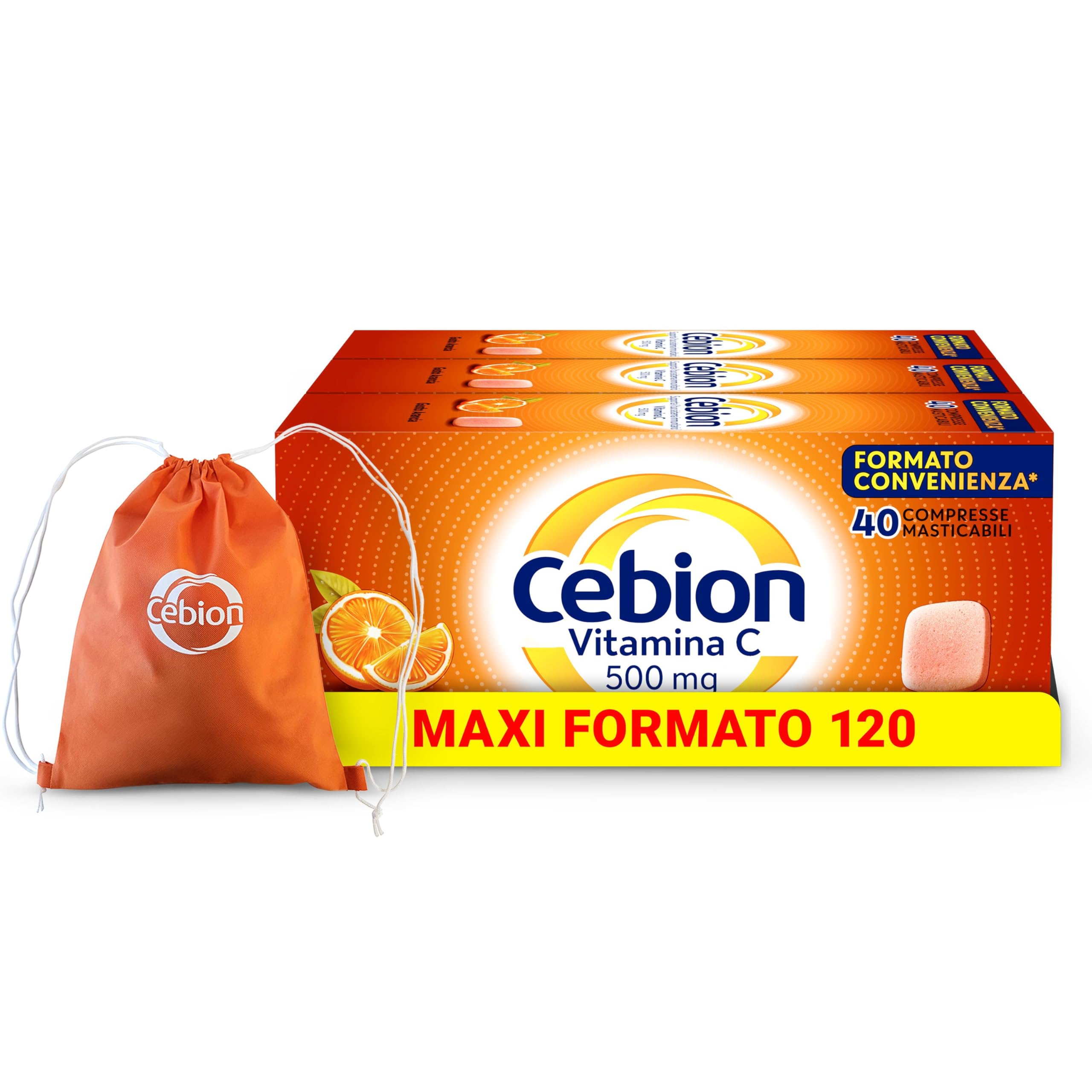 Cebion Vitamina C 500 mg Masticabile Arancia, Supporta il Sistema Immunitario e il Metabolismo Energetico, 120 Compresse, Integratore Alimentare​ + sacca da palestra