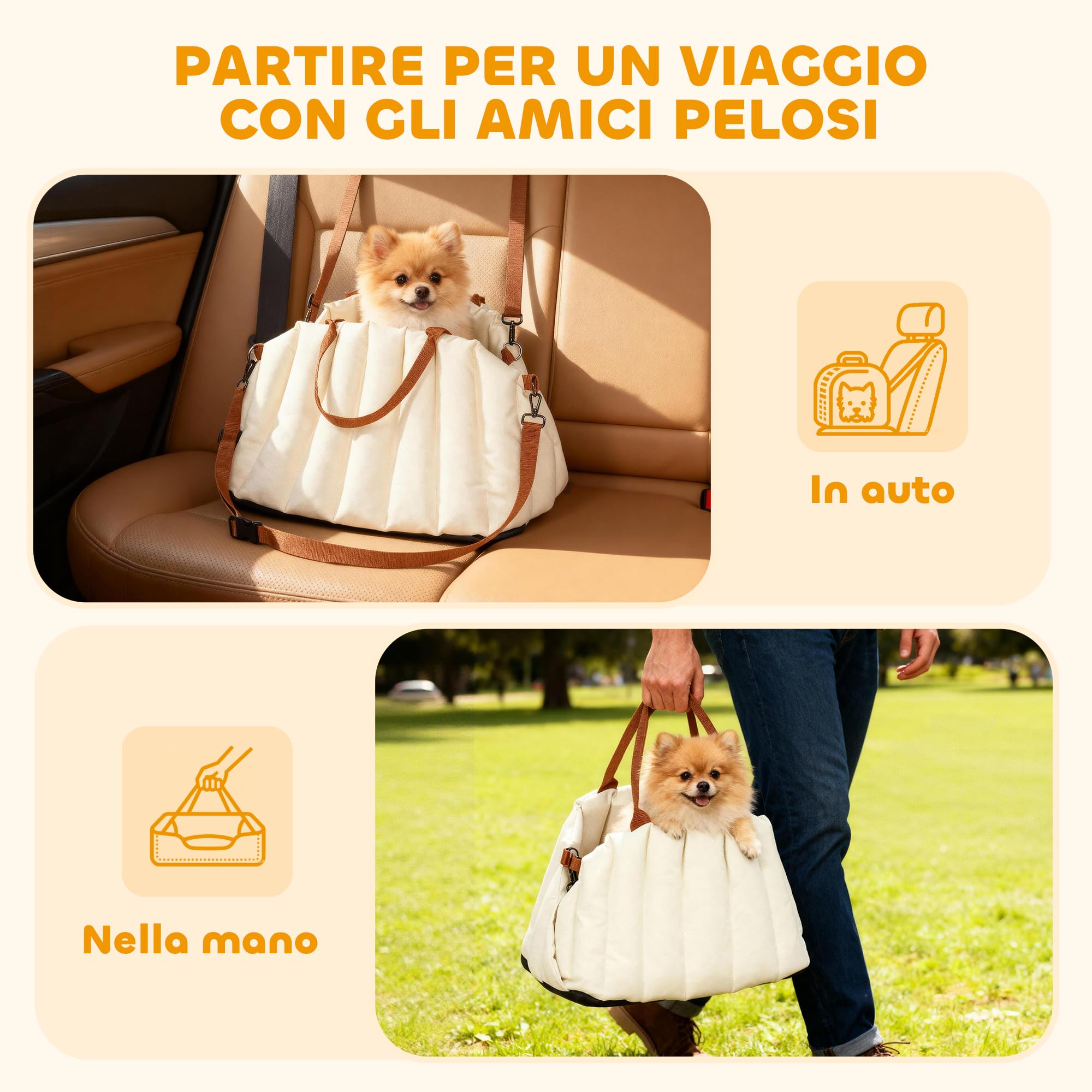 PawHut Seggiolino Auto per Cani Piccoli con Guinzaglio di Sicurezza e Base Antiscivolo, Trasportino Convertibile in Borsa per Animali Domestici, Crema
