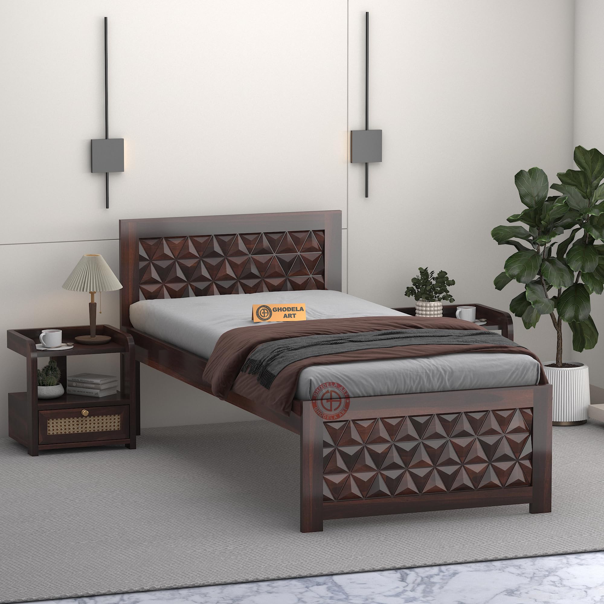 Sheesham Wood Designer Single Size Bed Without Storage for Home Solid Wooden Cot Bed Furniture for Bedroom Living Room Hotels and Hostels (Walnut Finish, Single Size Bed)-image-38