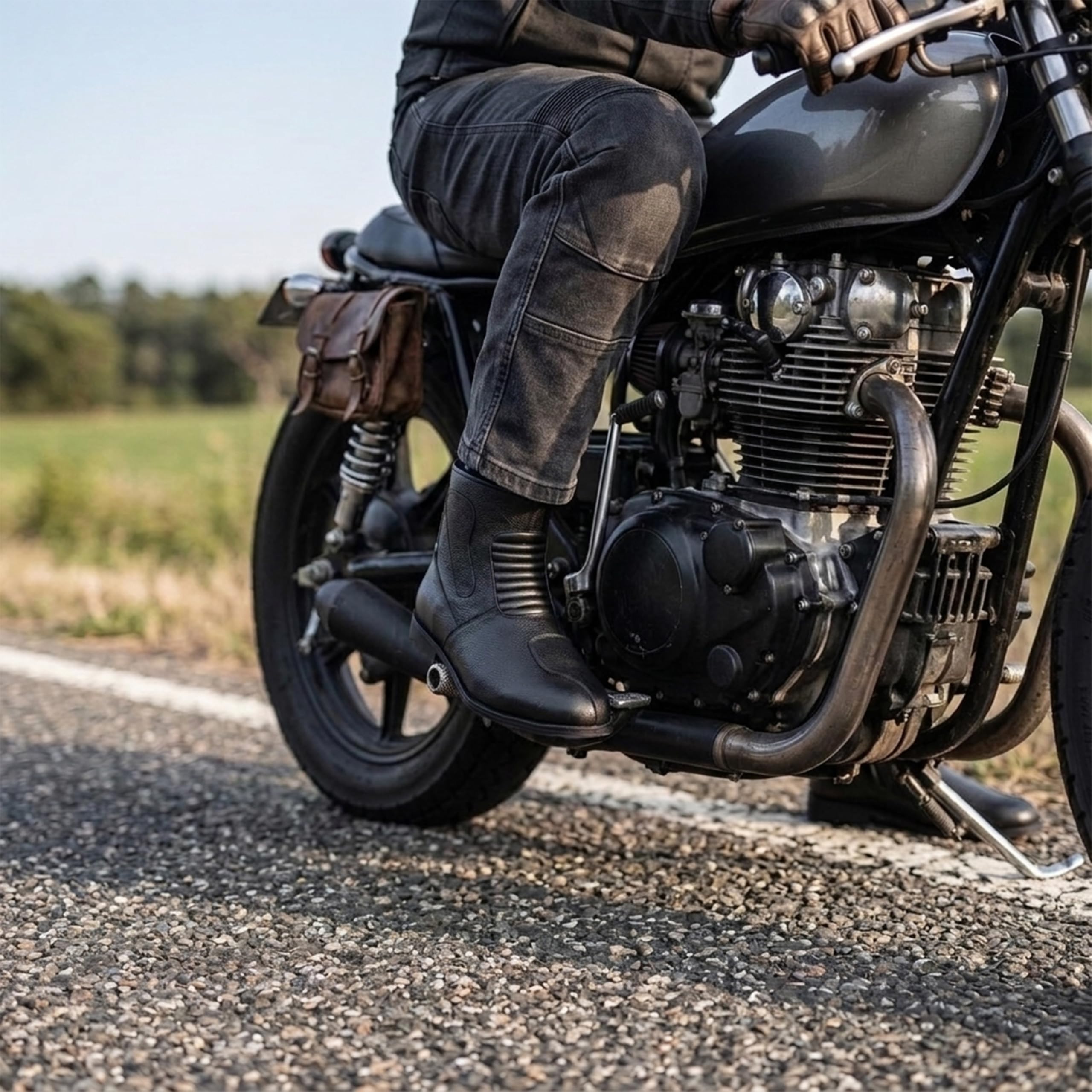 German Wear Motorradstiefel Herren aus Glattem Kalbsleder Wasserabweisende Motorradschuhe mit Seitenreißverschluss Verstärkter Fersen und Zehenbereich Rutschfester Gummisohle Schwarz