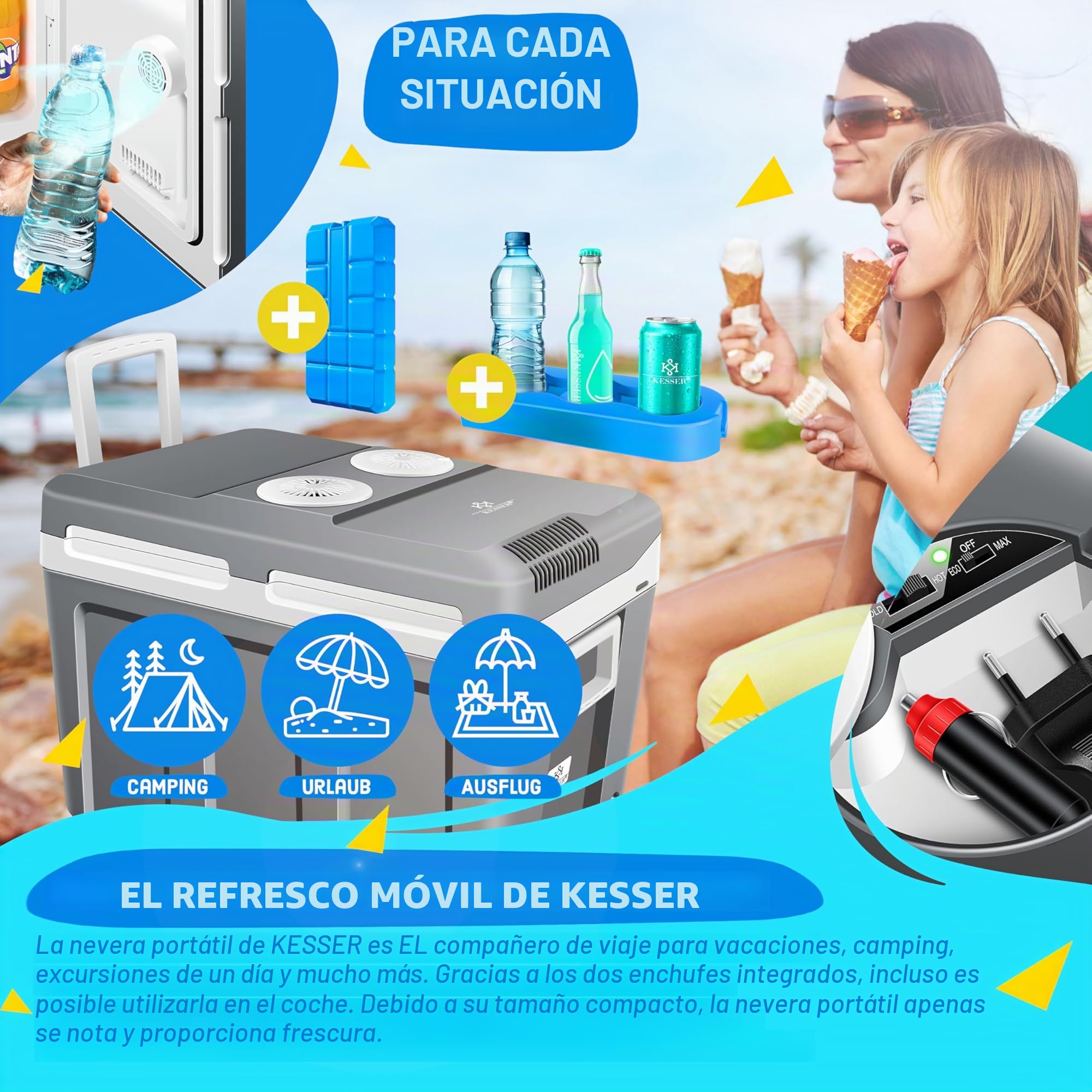 KESSER® Nevera eléctrica portátil 40L con Ruedas | Calienta y enfría | Termoeléctrica | Mini Nevera | 12V y 230V | para Coche, Camping y Enchufe | Modo Eco | Incluye acumuladores de frío
