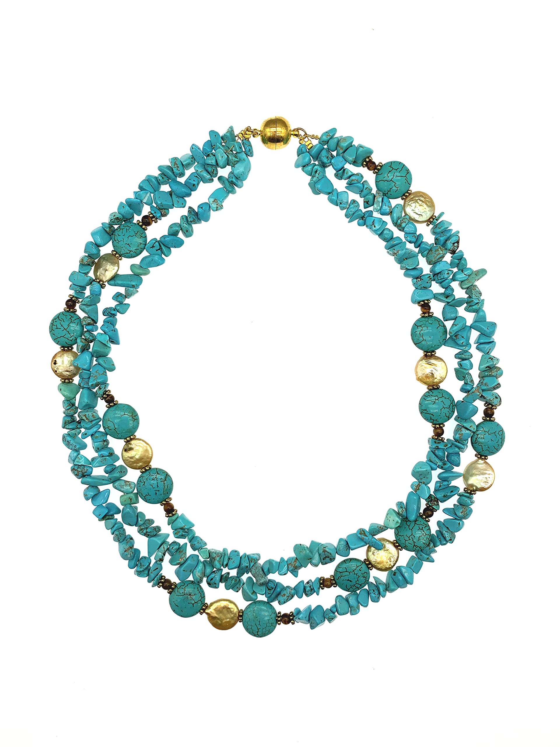 通用Multi Strands Turquoise Created With Gold Plated Beads 11-12mm Champagne Gold Pearls Necklace For Women Trendy Jewelry 18", Stone, Created Turquoise