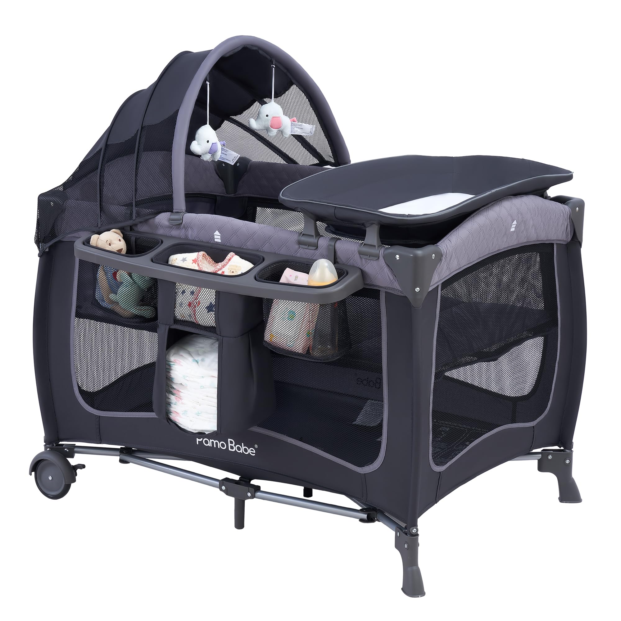 Pamo Babe Baby Playard with Canopy, Portable Crib with Changing Table