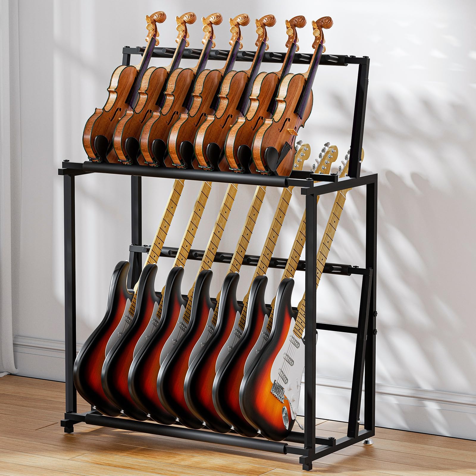 Gitarrenständer, Gitarrenhalter für 14 Gitarren, Faltbarer Multi-Gitarrenständer mit weichem Schwamm für Akustikgitarre, E-Gitarre, Bass, Abnehmbar in zwei separate Gitarrenhalterungen.
