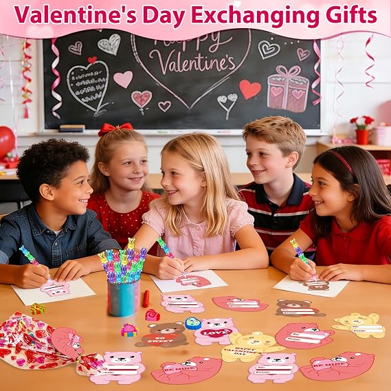 24 Pack Valentines Day Classroom Exchange Gift for Kids with Stationery Set Assorted Valentines Day Cards for Kids School Valentines Party Favors for Class with Goodie Bag and Pencils, Erasers, Rulers
