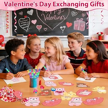 24 Pack Valentines Day Classroom Exchange Gift for Kids with Stationery Set Assorted Valentines Day Cards for Kids School Valentines Party Favors for Class with Goodie Bag and Pencils, Erasers, Rulers