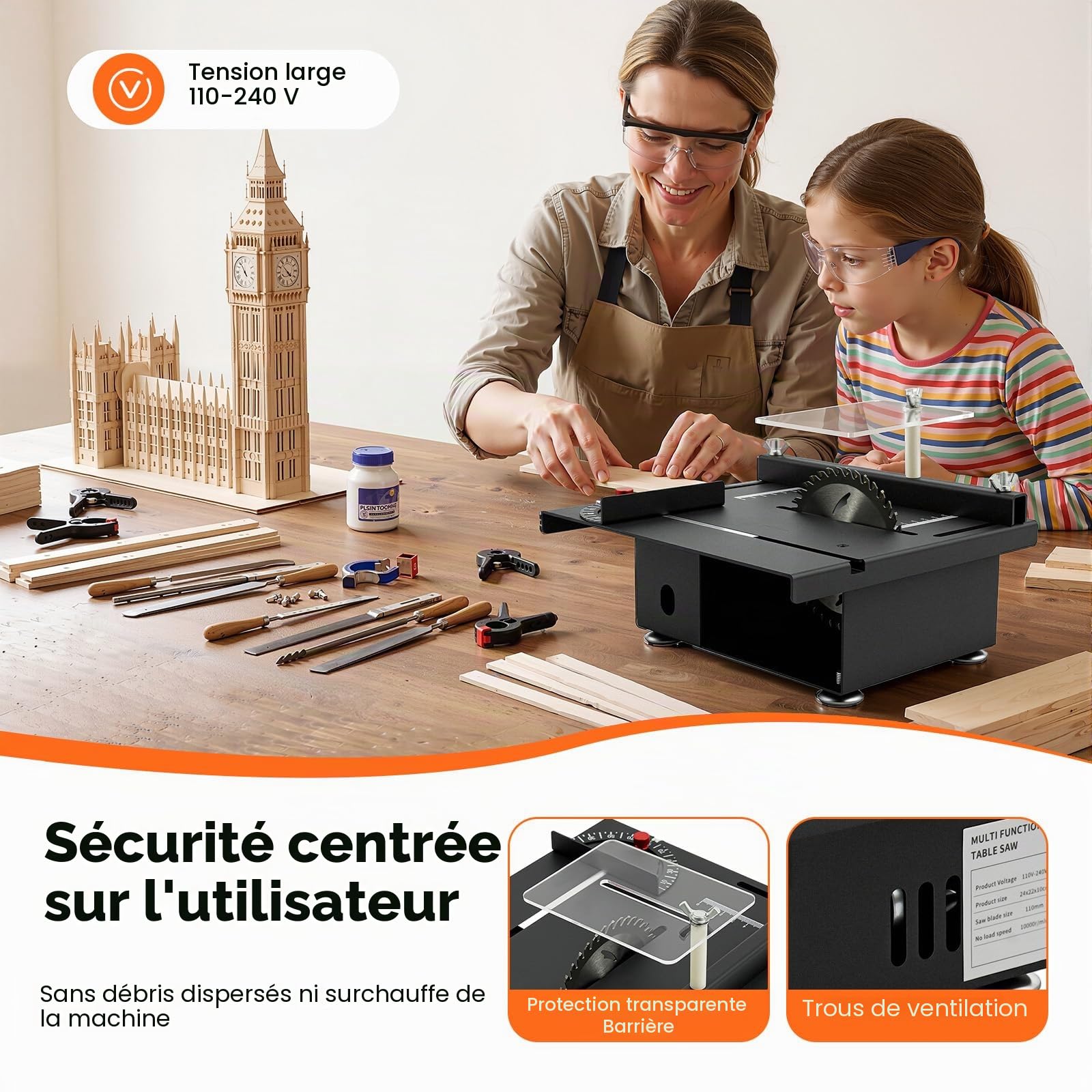 Mini scie circulaire de table multifonctionnelle pour le travail du bois Scie circulaire de table électrique portable de précision pour couper de petites barres de bois, alliage d'aluminium