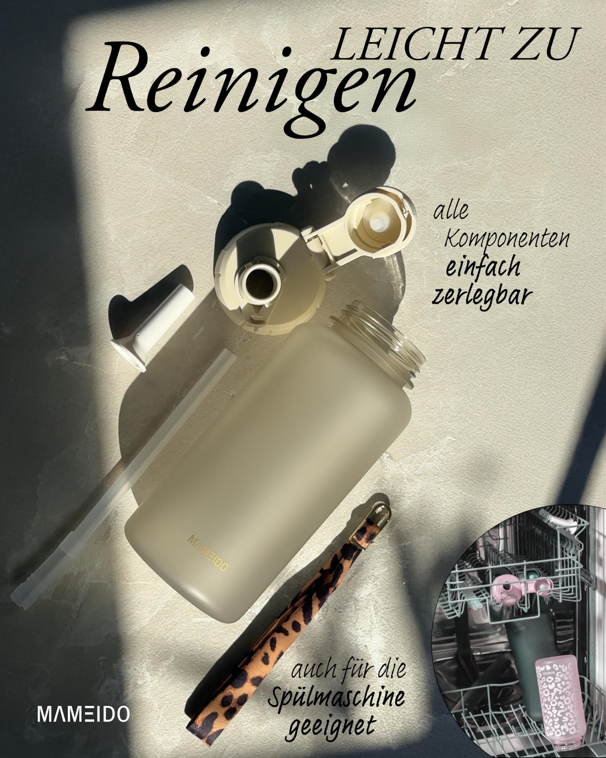 MAMEIDO Trinkflasche mit Strohhalm 1 l (Wild Candy) | mit 2-in-1-Sportdeckel, abnehmbarem Strohhalm & Trageschlaufe, auslaufsicher, BPA-frei, mit Zeitmarkierung