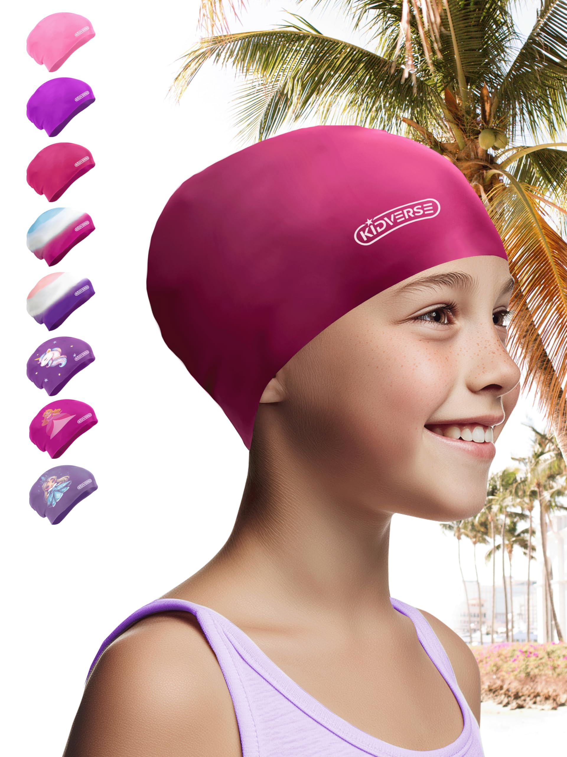 KIDVERSE Waterproof Kids Swimming Cap for Girls & Boys with long voluminous hair - Swim Hat with Anti-Slip Grips - Comfortable Silicone Swim Cap Girls & Boys - Swimming Hat Kids with UV Protection