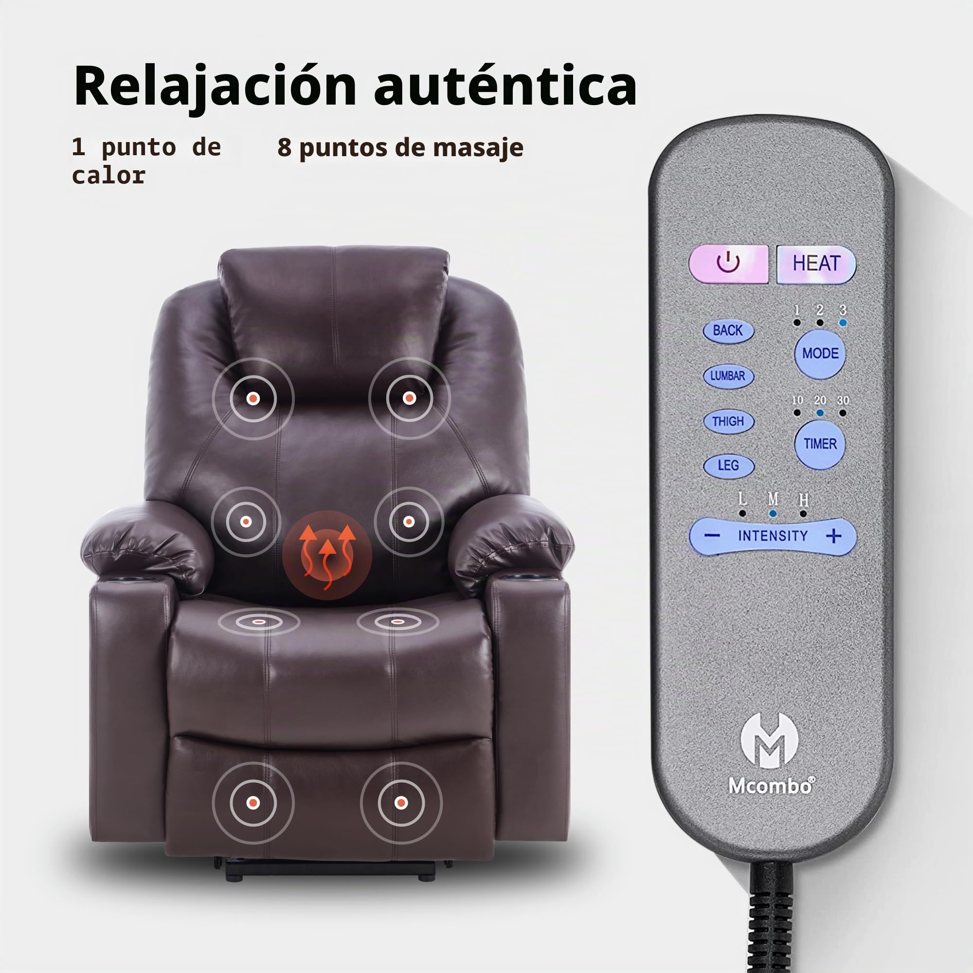 MCombo Sillón eléctrico para levantarse y relajarse, con calefacción, ajustable, conector USB (marrón), color marrón