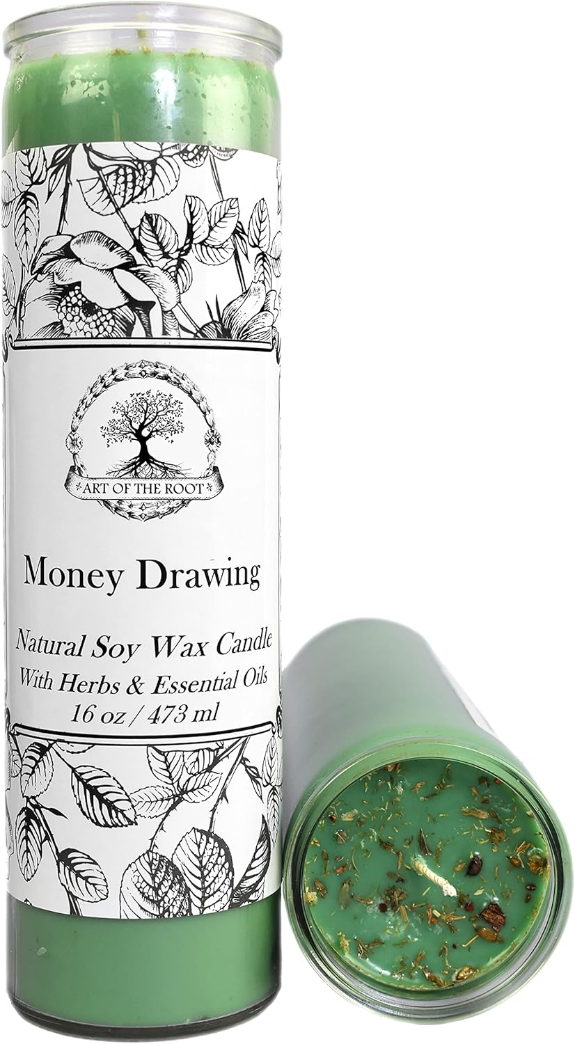 Money Drawing Scented 7 Day Soy Herbal Spell Candle (Fixed) | Handmade with Herbs & Essential Oils | Wealth, Abundance, Prosperity Rituals | Wiccan, Pagan, Hoodoo, Magick Rituals & Spells