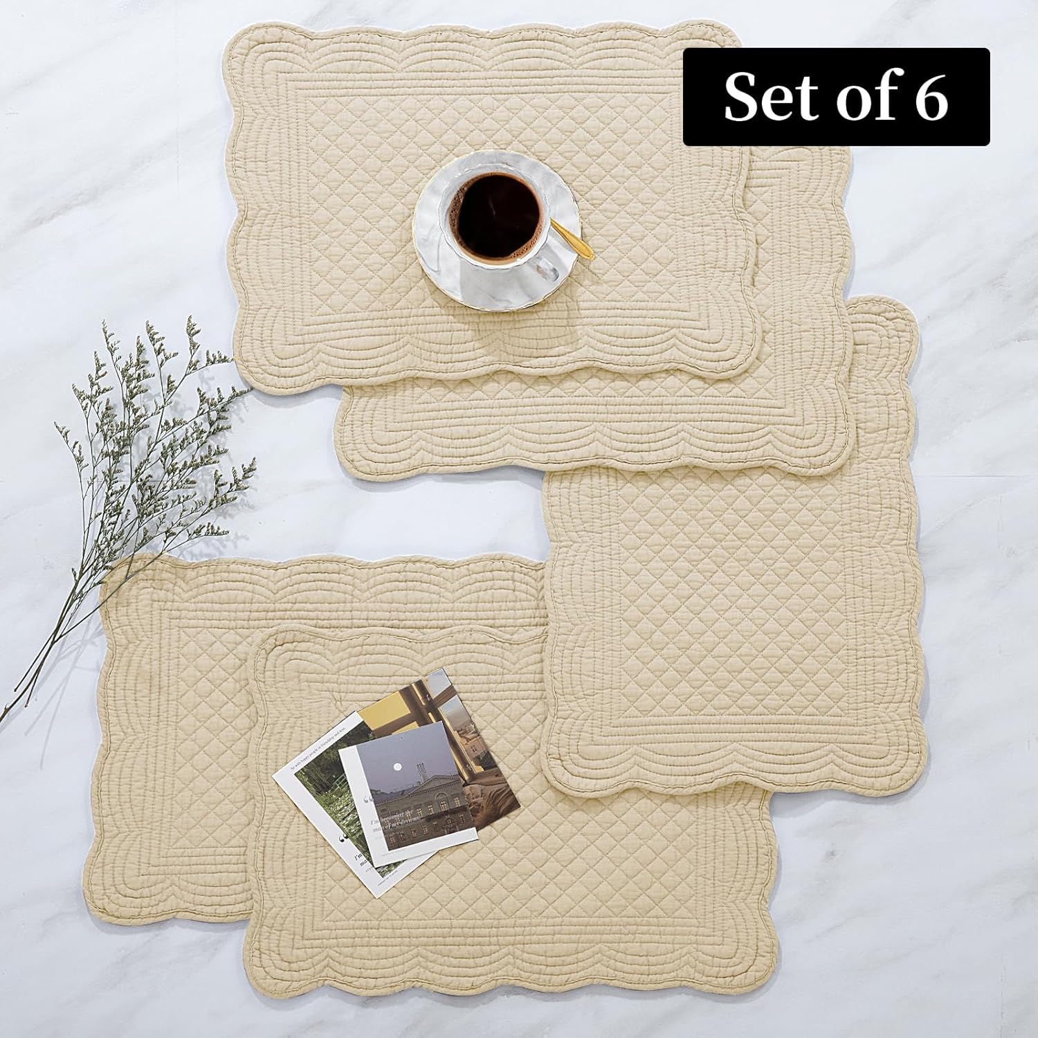 6 SOFT HOMBYS Quilted Placemats Set of 6 Washable-13x18 inches Rectangular Placemats for Kitchen Table-100% Cotton Fabric Rectangular Table Mats, (Light Brown)
