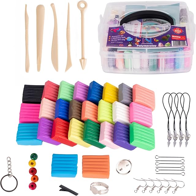 NORDICSNOTION Multicolor Polymer Clay, 26 Colors Soft Polymer Clay Set with Sculpting Tools, Oven Backed Molding Clay Bars (20g/Bar), Gift Box for Kids with DIY Tools Set, Storage Box, and Booklet.