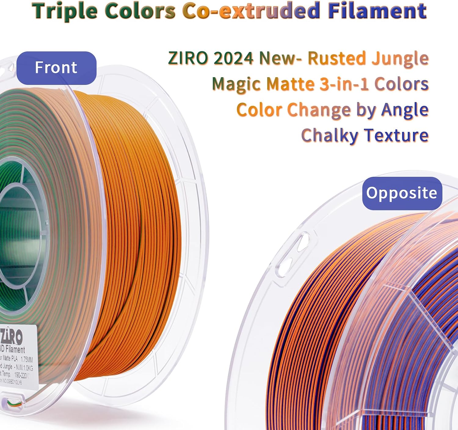 ZIRO Matte Tri-Colors PLA Filament, Magic Color Change Filament 1.75mm, Color Change by Angle 3D Printer Filament, Dimensional Accuracy +/-0.03mm, Fit Most 3D Printer, Matte 1KG Spool, Rusted Jungle